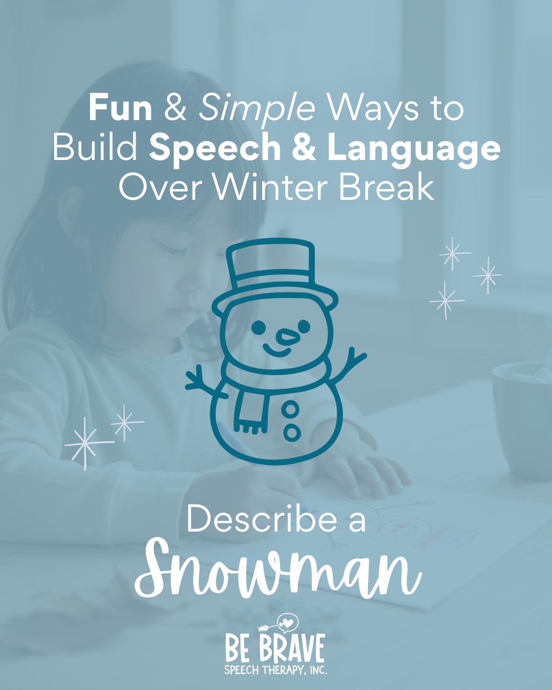 Winter break is just around the corner and this is a fun and simple way to continue to build on your child's speech and language skills over the holiday break!
Describe-a-Snowman ⛄️
Draw, build, or imagine a snowman together. Take turns describing what it looks like using adjectives like:
- tall, sparkly, cold, silly, round
Add a challenge by comparing:
“My snowman is taller than yours!”
“Yours has a bigger hat!”
This simple winter activity supports:
- Vocabulary growth
- Comparing & contrasting
- Imagination
- Turn-taking
If you try it at home let me know how it goes and tag @bebravespeechtherapy!
#SpeechTherapyIdeas #WinterSpeechTherapy #SpeechAndLanguage #PlayBasedLearning #DescribeAndPlay #SLP #SpeechTherapist #BeBraveSpeechTherapy #LanguageDevelopment #WinterActivitiesForKids #ExpressiveLanguage #ParentTips #escondidomoms #escondidocalifornia #sanmarcosmoms #sanmarcoscalifornia #northcountysdmoms #valleycentercalifornia #fallbrookcalifornia #sandiegoslp #SpeechTherapy #SpeechPathologist #PrivatePracticeSLP #pediatricslp #escondidokids #sanmarcoskids #hiddenmeadows