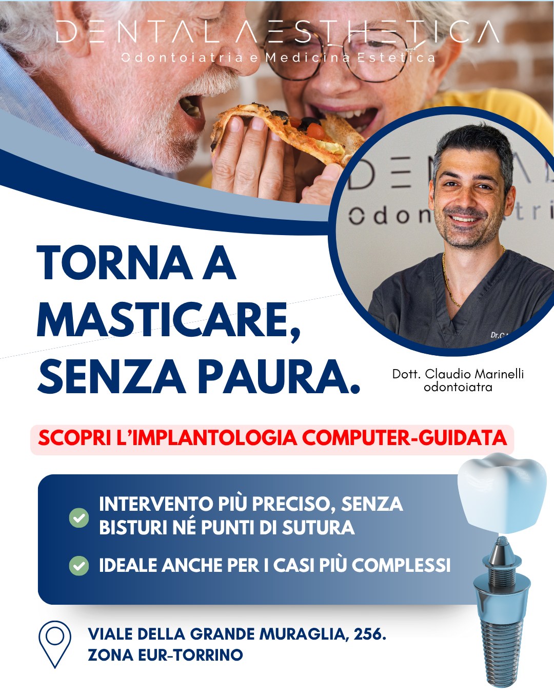 🔩Impianti dentali senza l'utilizzo del bisturi e senza dover applicare punti di sutura?
🔎Scopri l'implantologia computer-guidata!
Per un intervento meno invasivo e più preciso e per ripristinare senza dolore la corretta funzionalità masticatoria.
Se nel tempo hai perso uno o più denti e questo sta compromettendo la gioia di mangiare quello che vuoi, di goderti appieno dei momenti di convivialità con gli altri o di sorridere come vorresti, ma hai paura di interventi dolorosi e con lunghi stress post-operatori, vieni a scoprire questa tecnica implantare grazie alla quale:
🔹Non servirà fare incisioni con il bisturi;
🔹Non servirà applicare punti di sutura;
🔹Vivrai un'esperienza meno invasiva e più confortevole.
Dental Aesthetica
📍 viale della Grande Muraglia 256
📱 375 88 47 069
#dentista #roma #impiantidentali #implantologia #mangiaresano