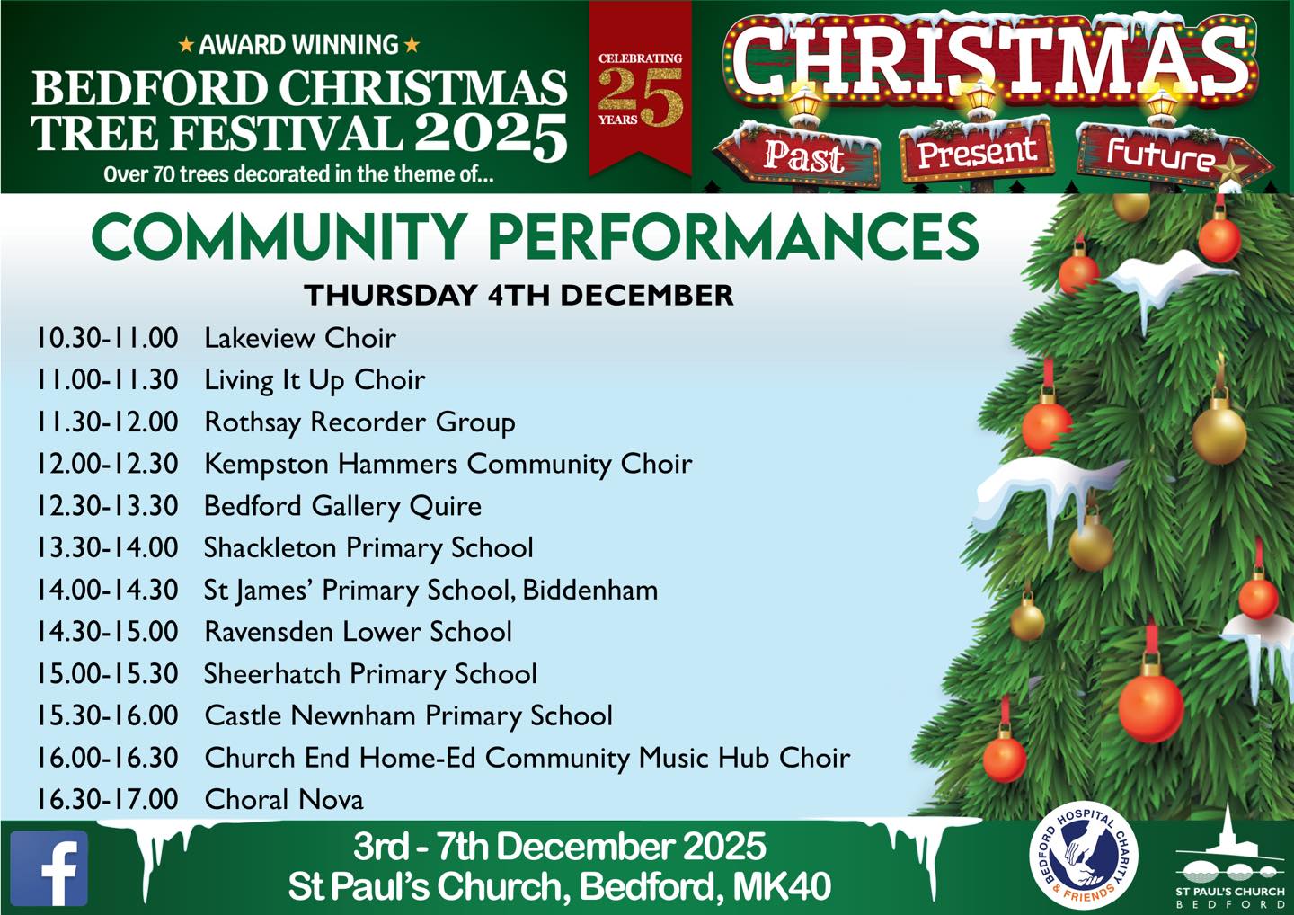 What a splendid start to the Bedford Christmas Tree Festival today! The bells rang out, the Mayor of Bedford and High Sheriff oversaw the opening ceremony. We welcomed the first visitors and some splendid community choirs and musicians serenaded us with festive favourites while people viewed the array of beautifully decorated trees. And tomorrow, we do it all again! Here’s a lineup of community choirs and groups who will be serenading us with live music while the festival of trees is underway.
#bedfordchristmastreefestival #visitbedford #treefestival2025 #christmaspastpresentandfuture