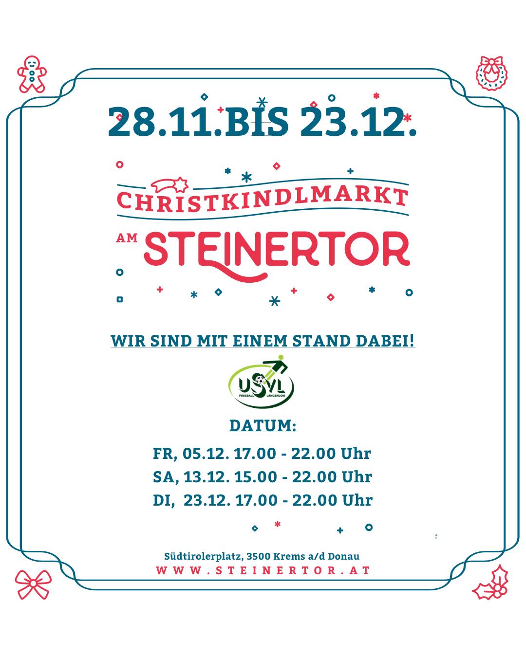 ✨ Auch heuer sind wir wieder am Christkindlmarkt beim Steiner Tor dabei! ✨
Kommt vorbei, genießt die Weihnachtsstimmung und stärkt euch bei unserem Stand! 🎄🤍💚
🗓 Unsere Termine:
• Fr, 05.12. | 17:00–22:00 Uhr
• Sa, 13.12. | 15:00–22:00 Uhr
• Di, 23.12. | 17:00–22:00 Uhr
Wir freuen uns auf euren Besuch! 🤝🔥
Lasst uns gemeinsam eine gemütliche Adventzeit verbringen. ⭐️
#forzausvl #teamspirit #langenlois #loiserjungs #christkindlmarkt #steinertor #weihnachtszeit #gemeinsamstark