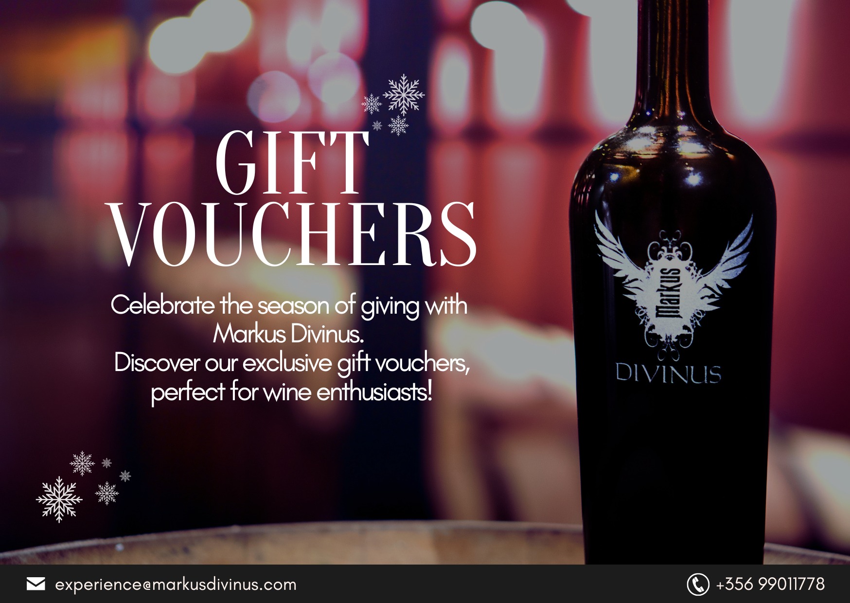 🎁 Celebrate the Season of Giving with Markus Divinus 🍷
This festive season, offer an experience that lingers far beyond the moment.
A journey into craftsmanship, artistry and Maltese terroir.
At Markus Divinus – Zafrana Boutique Winery, all our signature winery experiences are available as Gift Vouchers. From a first introduction to Markus Divinus through a tasting of three wines, to an in-depth journey guided by the winemaker across a selection of vintages and stories from the cellar. There is something special for every level of wine enthusiast.
A thoughtful and elegant gift for couples, friends, or colleagues, beautifully presented and delivered electronically for a smooth, hassle-free gifting experience ✨
Make this Christmas truly memorable.
Purchase your voucher today and allow someone special to discover the story behind every bottle.
📩 experience@markusdivinus.com
📞 +356 99011778
🌐 www.markusdivinus.com/experience