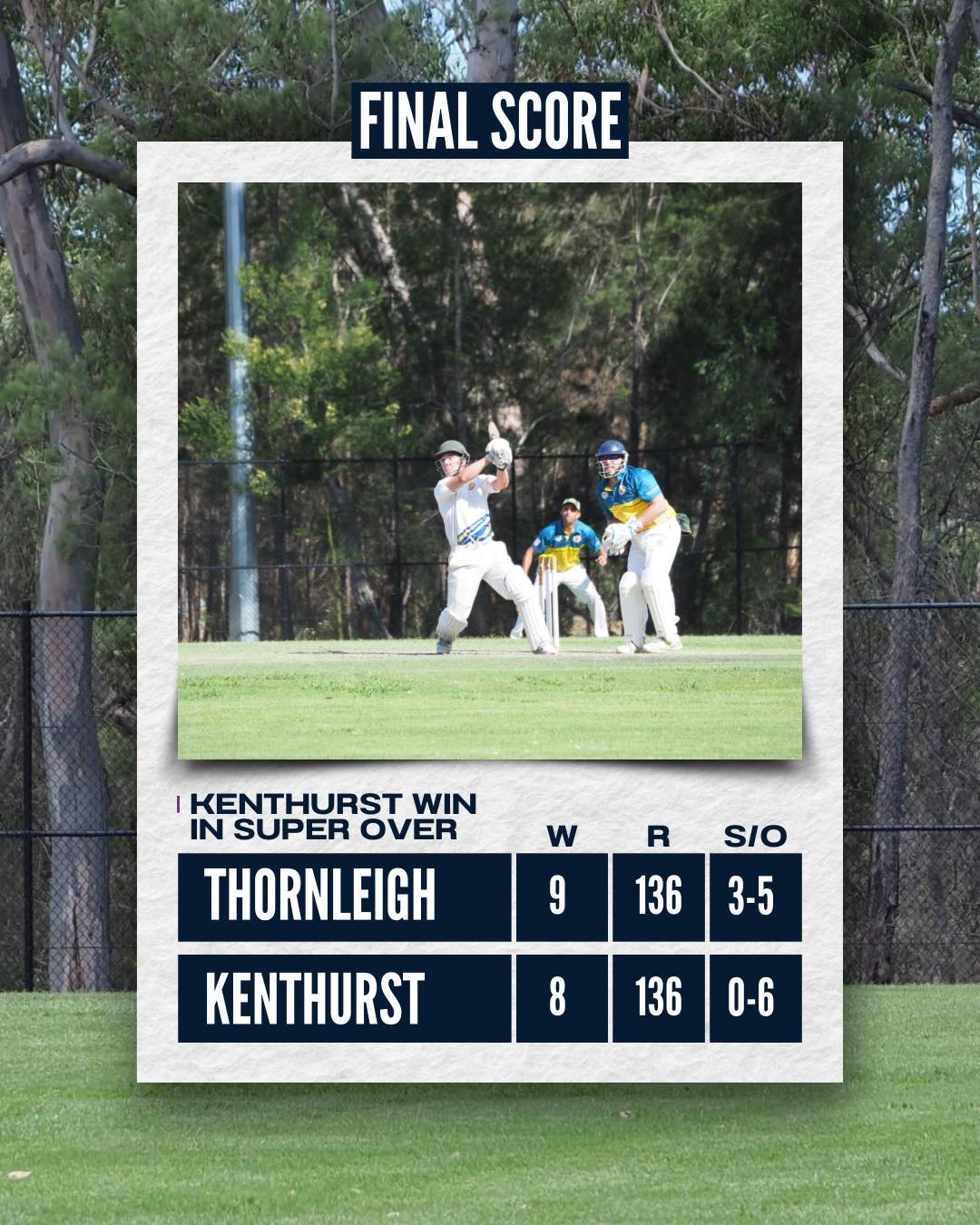 SUPER OVER DRAMA!
Unfortunately, our B Grade side have fallen short of victory in the NSW Community Cup in heartbreaking fashion, a super over to decide the game.
After a brilliant bowling and fielding display, and a strong start to the innings, the Kenthurst bowlers turned up the heat and forced a batting collapse that saw Ed Williams hit the tying runs on the last ball of the innings. Sending us into a super over, the A Grade Kenthurst side were too clinical and got the job done.
To beat an A Grade side Wilberforce in round 1 and then come this close to beating another A Grade side is a remarkable achievement. Well done team, the sky is the limit this season!
Thank you to Adam Hawken for your amazing photos once again.
Send us an email if you have questions: thornleighcricket@gmail.com
Thanks as always to our Major Sponsor @alto_mitsubishi_pennant_hills and our Community Partners @magpieswaitara @allenandsheppard and @scooda.creativehub for your huge support of local community cricket.
#PlayCricketforThornleigh #ThornleighCricket #SummerSport #Cricket #thornleigh #westleigh
@cricketnsw
@cricketaustralia
@hkhdca