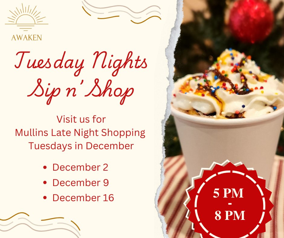 ✨December Nights in Mullins!✨
Awaken will be open Tuesdays, Dec 2, 9 & 16 from 5–8 PM.
Carriage rides, Mullins Market vendors, crafts, food, late-night shopping… and of course, your favorite coffee drinks to keep you warm. ☕❤️
Come join the fun !