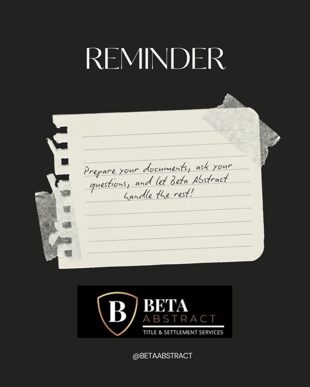 Get ready for a smooth closing! Gather your documents, bring your questions, and let Beta Abstract guide you through every step. 🏡📄
#ClosingMadeEasy #BetaAbstract #HomeSweetHome #Reminder