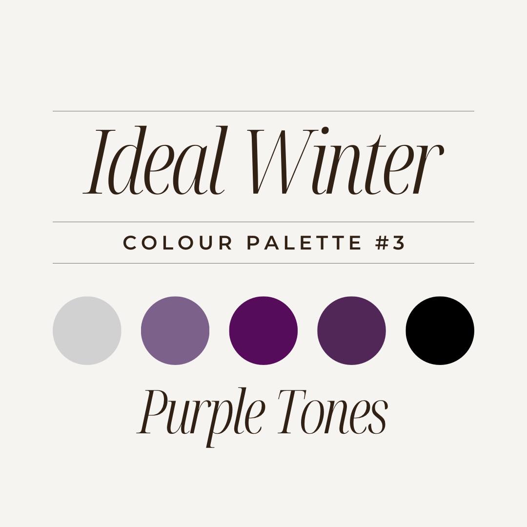The third colour palette I recommend for Winter features some cool-toned purples!
Purples and cool jewel tones look so beautiful in the winter months! And they pair so well with ivory, grey, and black to create a really cohesive colour story. Mix up solids with some subtle patterns to get a really fun and bold look for your session! And purples always look incredible with a dark wash jean which is perfect for staying warm in the cooler temperatures!