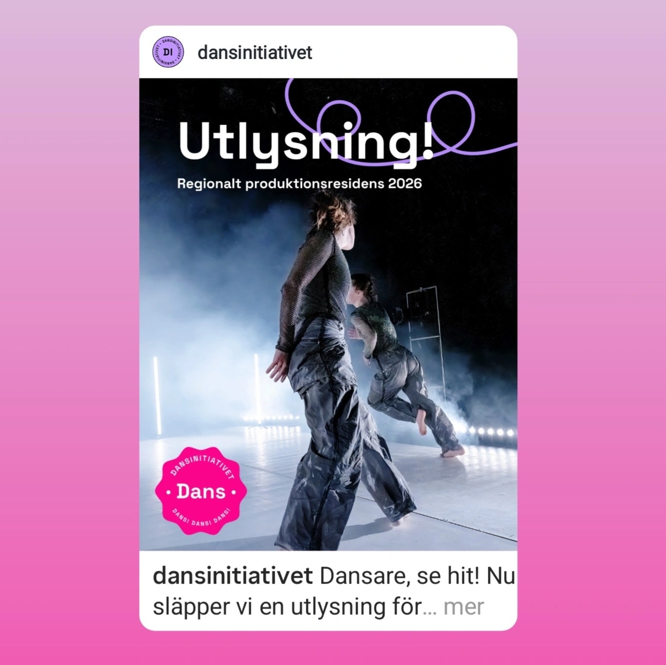 Delat inlÀgg frÄn @dansinitiativet :
---
" Dansare, se hit! Nu slĂ€pper vi en utlysning för regionalt produktionsresidens 2026. In och lĂ€s mer pĂ„ vĂ„r webb âš
I samarbete med Danskonsulent Norrbotten och Jokkmokks kommun.
Med stöd av LuleÄ Kommun, Region Norrbotten och KulturrÄdet. "
---