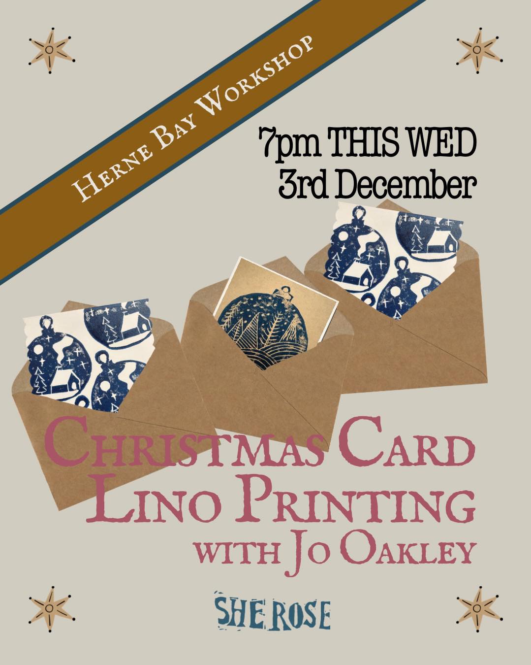 This Wednesday: Step away from busy-busy life and sink into an absorbing few hours around the She Rose gallery table.
🌲 Jo will step you through the whole process – from planning and carving to inking and printing your own fabulous Christmas cards.
☸️ The best bit? You’ll get to use Jo's trusty old printing press (there’s something deeply satisfying about turning that huge wheel)!
🎨 Tools and materials are supplied - you bring your curiosity, festive spirit and your creativity.
🗓 Hurry to book this popular workshop - Link in bio 🔗
#creativeworkshops
#privateworkshops
#linoprinting
#linocutting
#learnlinocutting
#hernebay
#SheRoseGallery
#buyinthebayHB
#visitcanterbury
@visitCanterbury
