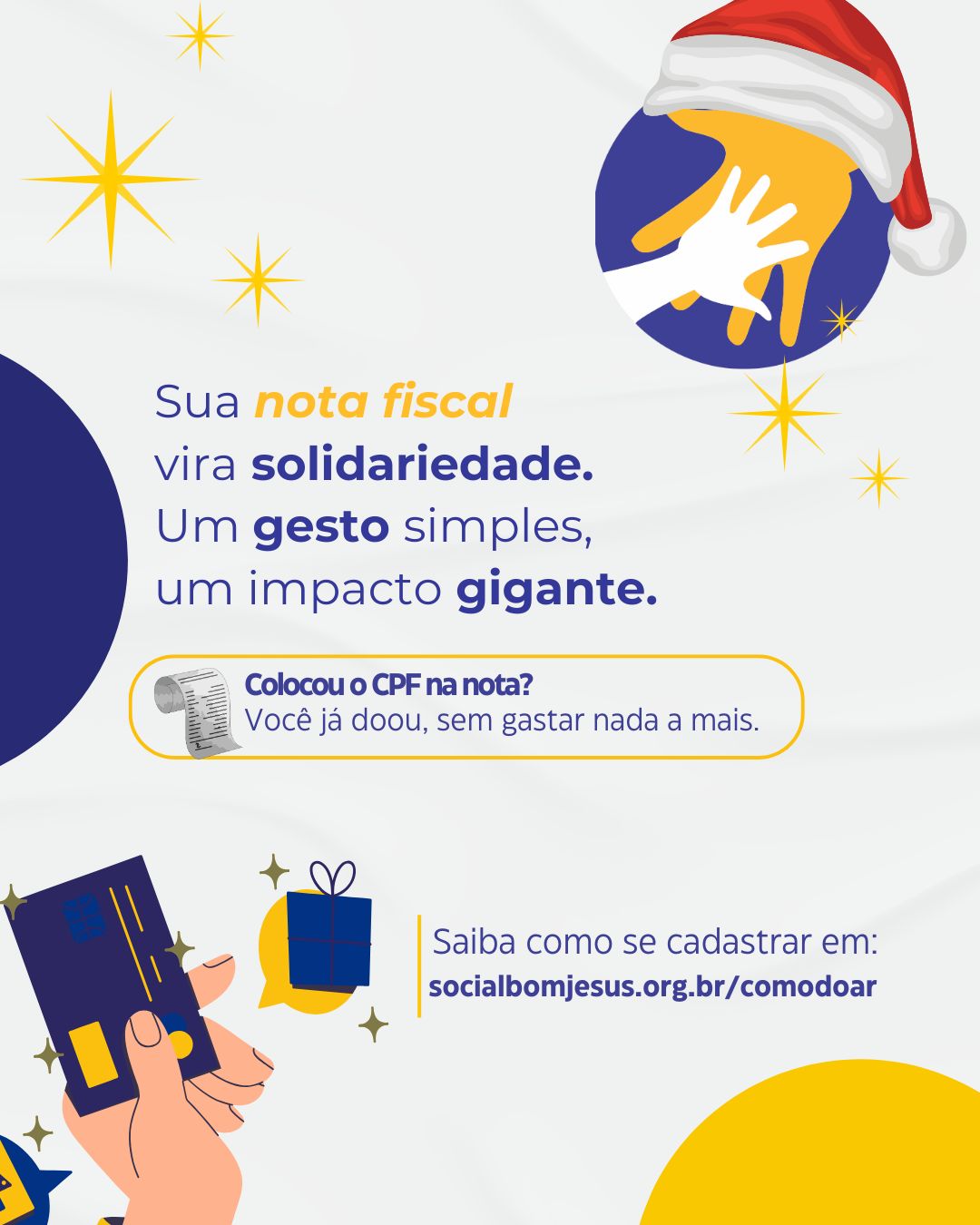 CPF na nota é presente no Natal de muitas crianças.
Ao incluir seu CPF na nota fiscal, você já está doando para o Social Bom Jesus — sem gastar nada a mais por isso. Cada nota se transforma em apoio aos nossos projetos e em esperança para muitas crianças e famílias.
💛 Um gesto pequeno para você, mas enorme para quem recebe.
Saiba como de cadastrar pelo link da bio:
#NotaQueTransforma #SocialBomJesus #doação #DoeAmor #notafiscalpaulista
#AssistênciaComAfeto #TransformandoVidas