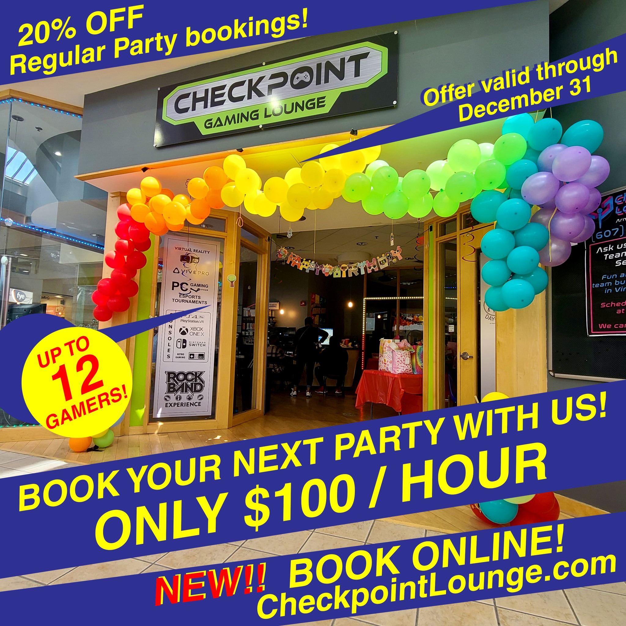 LOTS of new things to post about, the first being our NEW WEBSITE! I am still working the kinks out and adding more to it, but as of right NOW, you have the option to book a regular or private party right on our website!
🔗 checkpointlounge.com 🔗
**While you're on the new website, don't forget to join our mailing list and you might just get a free coupon in your email just for signing up 😉**
You can also book your next regular store visit as well. -Pre-booking your visit is totally optional- Walk-ins are always welcome!
🎉🥳🎈 Plus!: Regular Party discount is running through the end of the year! Place your party booking before December 31st and receive 20% off! What is normally a $125/hour party is now $100/hour!
🎮👾 Also!: Have you tried out our new $20 Day Pass? For one price you can play 30 minutes of VR, and play on our PCs and Consoles for the entire day! Come and go as you please--the Day Pass is good for the entire calendar day in which it is activated (and during normal business hours, of course!)
More announcements to come! And keep an eye on our website as we start adding more to it!
COMING SOON:
📅 Monthly Memberships
🛒 Online Shop
🚩 Blog Posts featuring Store News and New Arrivals
🗝️ Rewards Program
and more!