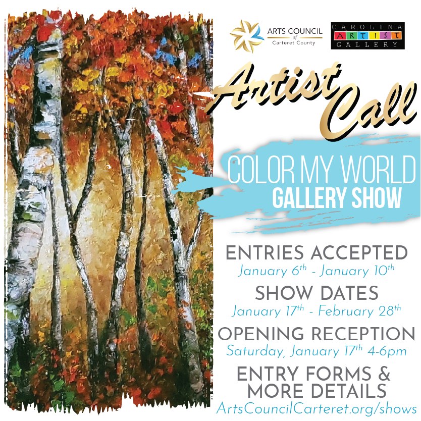 🧑🎨 ARTIST CALL for our first GALLERY SHOW of 2026!
Use your artistic skills to create images and objects with the use of color. Color is the gift of the natural world we see around us every day. Color gives us countless ways to express ourselves in art. We can use colors as we see them represented by the wonders of nature, or we can completely interpret color in our own personal way to create works of art that are unique and personal to us. Apply your creativity with the use of color as you see it or as you imagine it to be!
*Featured show theme painting by Maria Morando 🖼️
Entry deadline: Saturday, Jan. 10
Show Open: Jan. 17 - Feb 28 during Gallery Hours
Opening Reception: Saturday, January 17th, 4-6pm (All are welcome!)
Registration and More Info: ArtsCouncilCarteret.org/shows
#artscouncil #artistcall #artopportunities #carteretcountyarts #crystalcoast #artshow #galleryshow