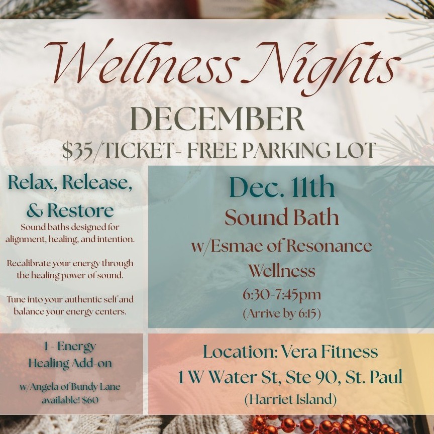 This week at Vera Fitness we have the usual classes, training, and dancing plus a sound bath Thursday night at 6:30 pm. Then Saturday we have another special Zumba Classes for All!
Also, mark your calendars for December 18th from 6-8pm. We are having a local provider fair for Wellness Nights. Check out the services and stop on in. Hope you can join us!
Lunch Break Yoga: Monday 12-1pm arah@mantrarayyoga.com
Sound Bath Info & Tickets: https://www.facebook.com/share/1CKMzBwNJj/
Book classes: verafitnesstc.com/classes
More info on Zumba: bethsawyer6@icloud.com
#yogaforseniors #strengthtrainingforwomen #tangodance #stpaul #DisabilityFitness #wellnessnights
