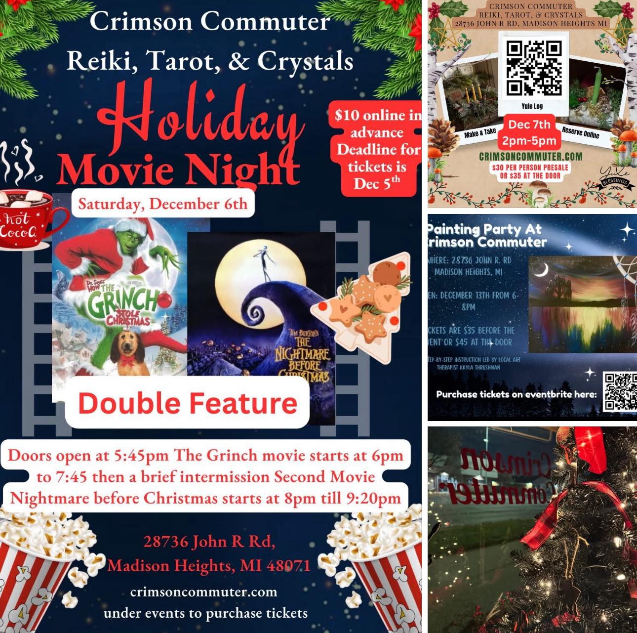 This weekend Holiday Double feature at Crimson Commuter only $10 for 2 movies! Make & Take yule log this sunday $30 includes all your supplies! Don’t forget crystal magic all you need to know about crystals with Michael Allison & we have a very cool painting with kayla our art therapist on dec 13th. Come in and get connected to friends, community, & and your craft.