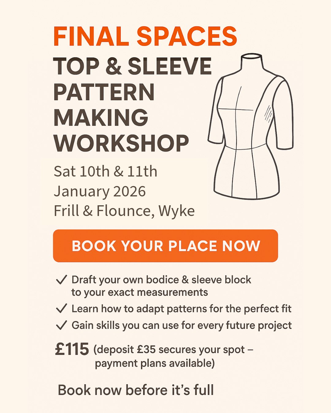 ✨ Final Spaces – January Perfect-Fit Sewing Workshop! ✨
Tired of patterns that never fit quite right? Start the new year with a fabulous boost to your sewing journey.
Over two inspiring days, you’ll draft your own bodice and sleeve block—perfectly measured to you.
📅 Sat 10th & Sun 12th January 2026
📍 Frill & Flounce, Wyke @frillandflounce
⭐ £115
📌 All tools provided—just bring your passion for sewing!
⚡ Only a couple of spaces left—book now before it’s full!
👉 www.beforeyoustitch.com
- If you wish to spread the cost please message me.
#SewingWorkshop #PatternCutting #PerfectFit #SewingLife #BeforeYouStitch