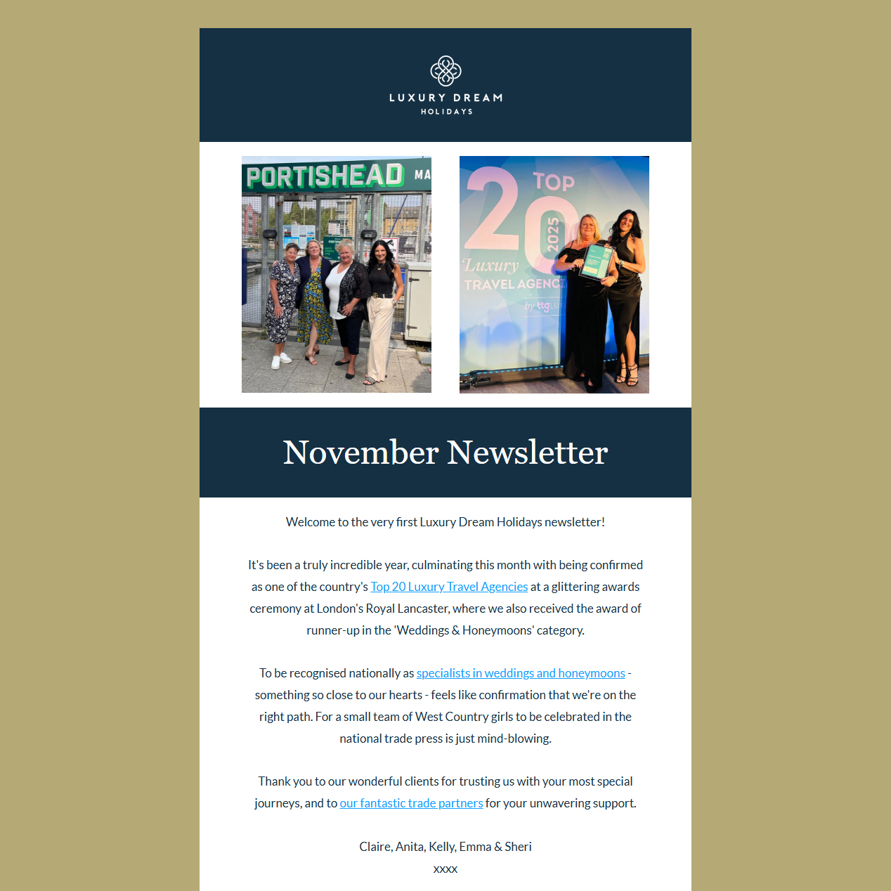 A snapshot of our happiest moments this year! 📸✨
If you’ve spotted our first newsletter hitting your inbox, you might recognise these smiles. Seeing our little team from Portishead featured alongside the country’s top luxury agencies still feels a bit surreal, to be honest.
In this month’s edition, we’re not just sharing our "Top 20" news (though we are still pinching ourselves about that!). We’ve poured in the real stories that make this job so special, from Anita’s own wedding anniversary trip to Mauritius, to the beautiful weddings we’ve helped plan this year.
It’s a celebration of a huge year, but mostly, it’s a thank you to you. None of this happens without our wonderful clients trusting us with your most precious time off.
If you fancy a browse, you can read the full edition via the link in our bio!
#LuxuryDreamHolidays #Portishead #LuxuryTravelAgent #WeddingsAndHoneymoons #TeamLDH