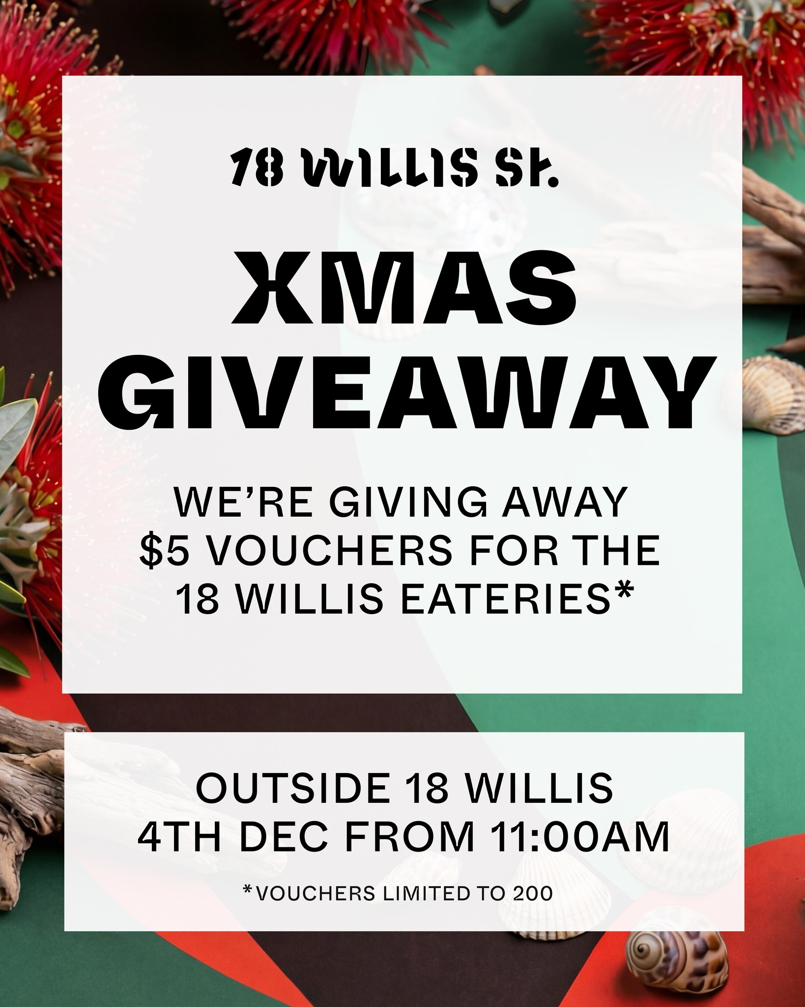 We've giving away $5 vouchers for the 18 Willis St Eateries to spread the Christmas cheer in Wellington!
Catch us outside 18 Willis tomorrow at 11 AM for your chance to pick up an 18 Willis St Eatery voucher 🥗
*One voucher per person, while stocks last.
Our social media team will be capturing footage during the giveaway for promotional use.