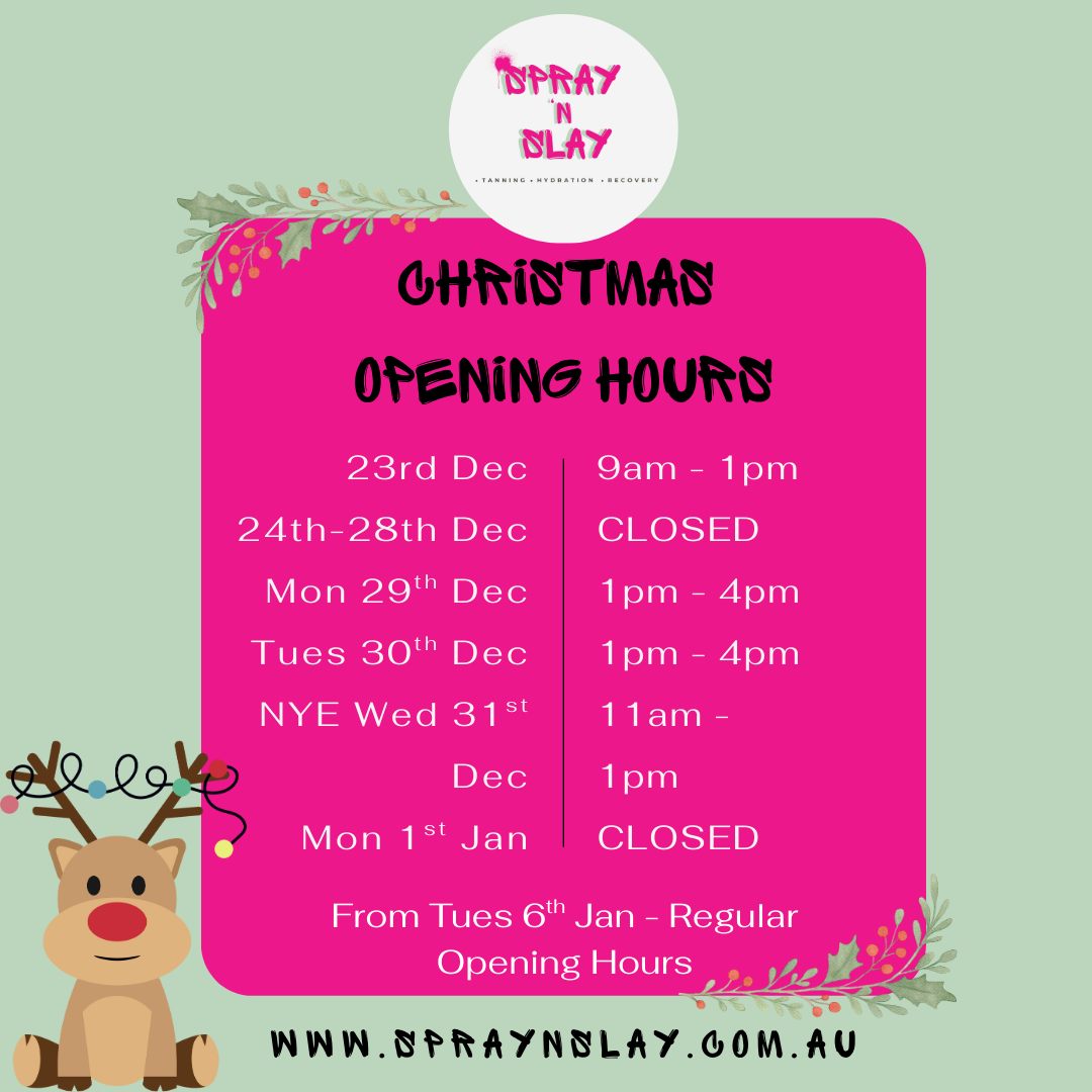 Christmas is nearly here, which means it’s time to lock in those glow-up appointments! 🌟
Spray n Slay’s Christmas & New Year opening hours are up – spots are super limited, so jump online or message the page to book your Xmas and NYE tans ASAP to avoid missing out.
Don’t forget, gift vouchers are also available and make the perfect last-minute present for the tan-lover in your life. 🎁✨
#SpraynSlay #AutomaticTanningBooth #GeraldtonWA #GeraldtonTanningSalon #HolidayTans
