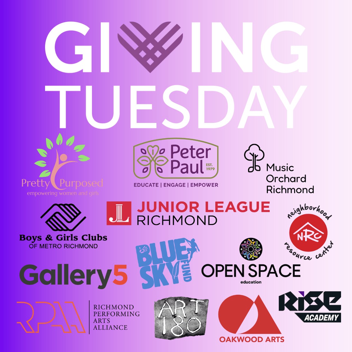 Peter Paul is proud to collaborate with mission-aligned partners to deliver comprehensive services that meet the diverse needs of our neighbors. This Giving Tuesday, we’re highlighting some of the incredible organizations across Richmond who work to create a brighter, more resilient future for all.
Our Giving Tuesday fundraising supports the operational costs that keep the doors open at Peter Paul for after-school academic programming, community outreach, workforce training, and enrichment for older adults.
Together, we are creating a brighter, more resilient future for all.
Join us in making a difference. www.peterpaulrva.org/general-donation-form
Learn more about our partners and give below.
ART 180 @art_180
Link: https://a.co/3iZZAIr
Blue Sky Fund @blueskyfund
Link: blueskyfund.org/donate
Boys and Girls Club of Metro Richmond @bgcmetrorva
Link: https://www.bgcmr.org/
Gallery 5 @gallery5arts
Link: https://gallery5arts.org/fall-fund-drive
The Junior League of Richmond @jlrichmondva
link: https://juniorleagueofrichmond-bloom.kindful.com/
Music Orchard Richmond @music.orchard.richmond
Link: https://givebutter.com/music-orchard-richmond
The Neighborhood Resource Center @nrcfulton
Link: https://www.amazon.com/hz/wishlist/ls/13NDHNAII8H8Z?ref_=wl_share
Oakwood Arts @oakwoodarts
Link : https://oakwoodarts.org/donate
Open Space Education @open_space_education
Link: https://www.zeffy.com/en-US/donation-form/e22cebe6-92f0-42d6-b1ed-8be5430a3a14
Pretty Purposed @prettypurposed
Link: https://www.amazon.com/hz/wishlist/ls/303DK6UOXKD9K/ref=nav_wishlist_lists_3
Rise Academy @riseacademyrva
Link: https://www.riseacademyrva.org/
RPAA (Richmond Performing Arts Alliance)
Amazon Wish List Link: https://a.co/bF5necM