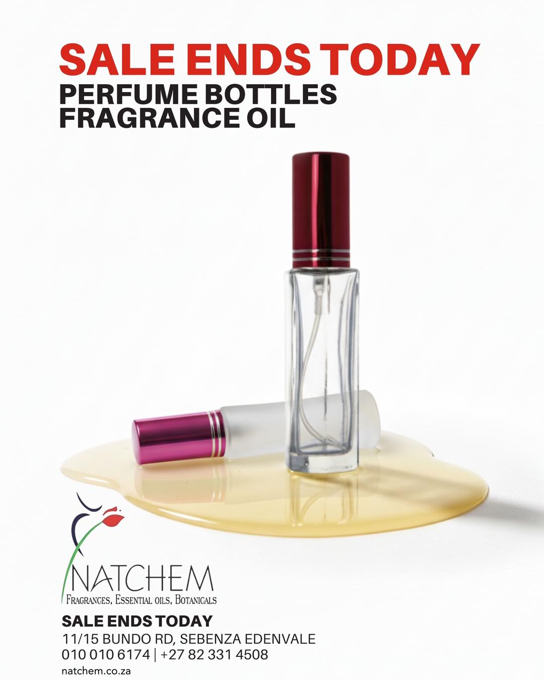 FRAGRANCE OIL SALE ENDS TODAY โผ๏ธ
HURRY โ while stocks last!
Enjoy unbeatable deals on:
Perfume oils
Perfume bottles
Everclear ethanol
Perfect for stocking up for the festive season or upgrading your fragrance creations with premium supplies at the best prices of the year!
๐ CONTACT NATCHEM
โ 010 010 6174
๐ฒ WhatsApp: 082 331 4508
๐ 11/15 Bundo Road, Sebenza, Edenvale
๐ https://linktr.ee/NATCHEMPTYLTD
#YearEndSale #FragranceOilSale #PerfumeOils #DIYPerfume #NatchemSA #FestiveSpecial #LimitedStock #natchem
