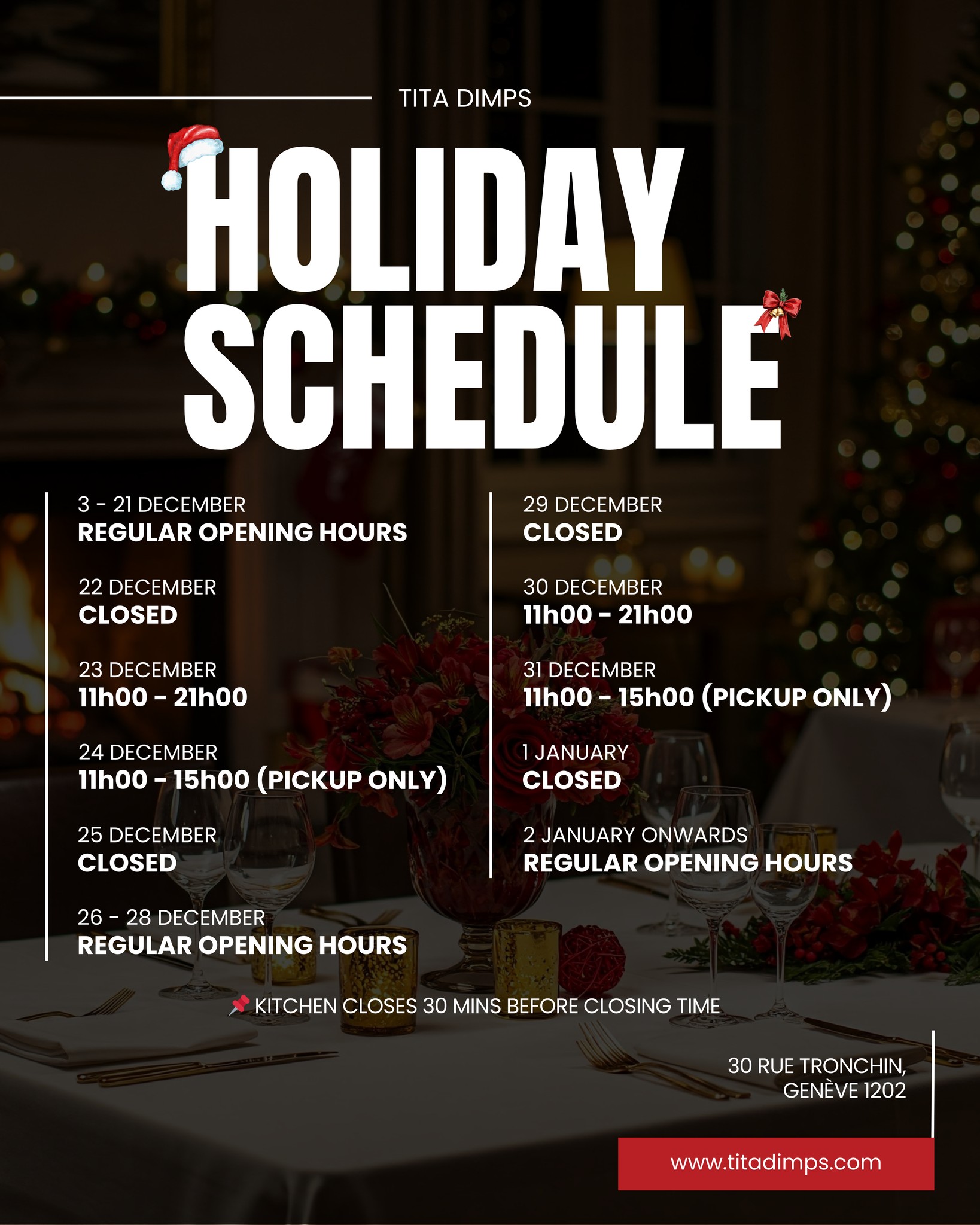 Holiday Schedule Announcement 🎁
To better serve you this festive season, we recommend placing your orders in advance.
We will be open on 24 and 31 December for pickup only.