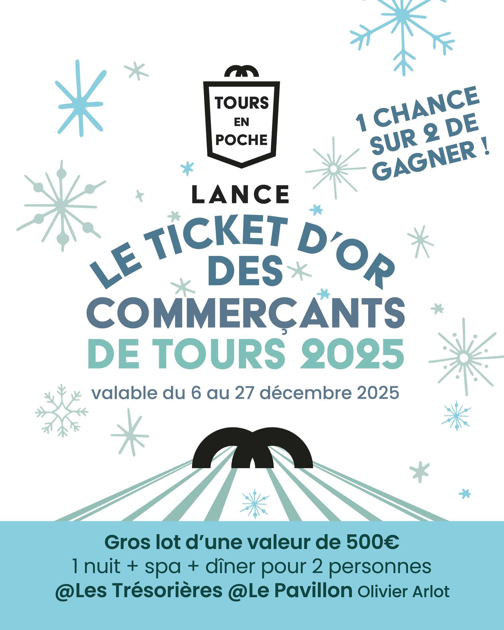 Nous sommes ravies de vous informer du lancement du Ticket d’Or des commerçants et artisans : le samedi 7 décembre, de 11h à 19h, sur le stand Com & A place Châteauneuf.
🎁 Cette édition propose notamment :
Un gros lot exceptionnel (séjour à l’hôtel 5⭐ Les Trésorières + repas au Pavillon d’Olivier Arlot),
et des lots Les Récréatives :
- 1h d'atelier libre offert (objet S)
- 1 kit peinture au numéro
- 1 kit patagom (à partir de 8ans)
Une mécanique simple avec 1 ticket sur 2 est gagnant ! Attention c'est une édition très limitée alors dépêchez-vous il n'y aura que 400 tickets !
Vous pouvez trouver tous les renseignements sur le site :
👉 https://www.comea-tours.com/tep-ticketdor2025
La vente en ligne ouvrira le 8 décembre, si des tickets restent disponibles.
🍀 Bonne chance !