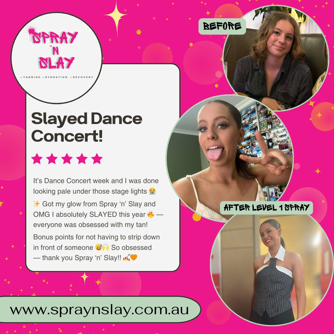 Slayed Dance Concert week never looked this good 💖
It’s that time of year when the stage lights wash you out and the nerves kick in… but this superstar walked out glowing instead of ghosting 👻✨ One Level 1 tan later and she absolutely SLAYED her routine, with everyone asking where that bronzy confidence came from.
The best bit? Our private automated booth makes it a super teen‑friendly option, so you stay comfortable while still getting that red‑carpet glow 🙌 Perfect for dance concerts, grad, school balls and comps.
Spots for the silly season are filling up FAST, so hit the website to book your Spray ‘n’ Slay glow-up 🌟🧡
www.spraynslay.com.au