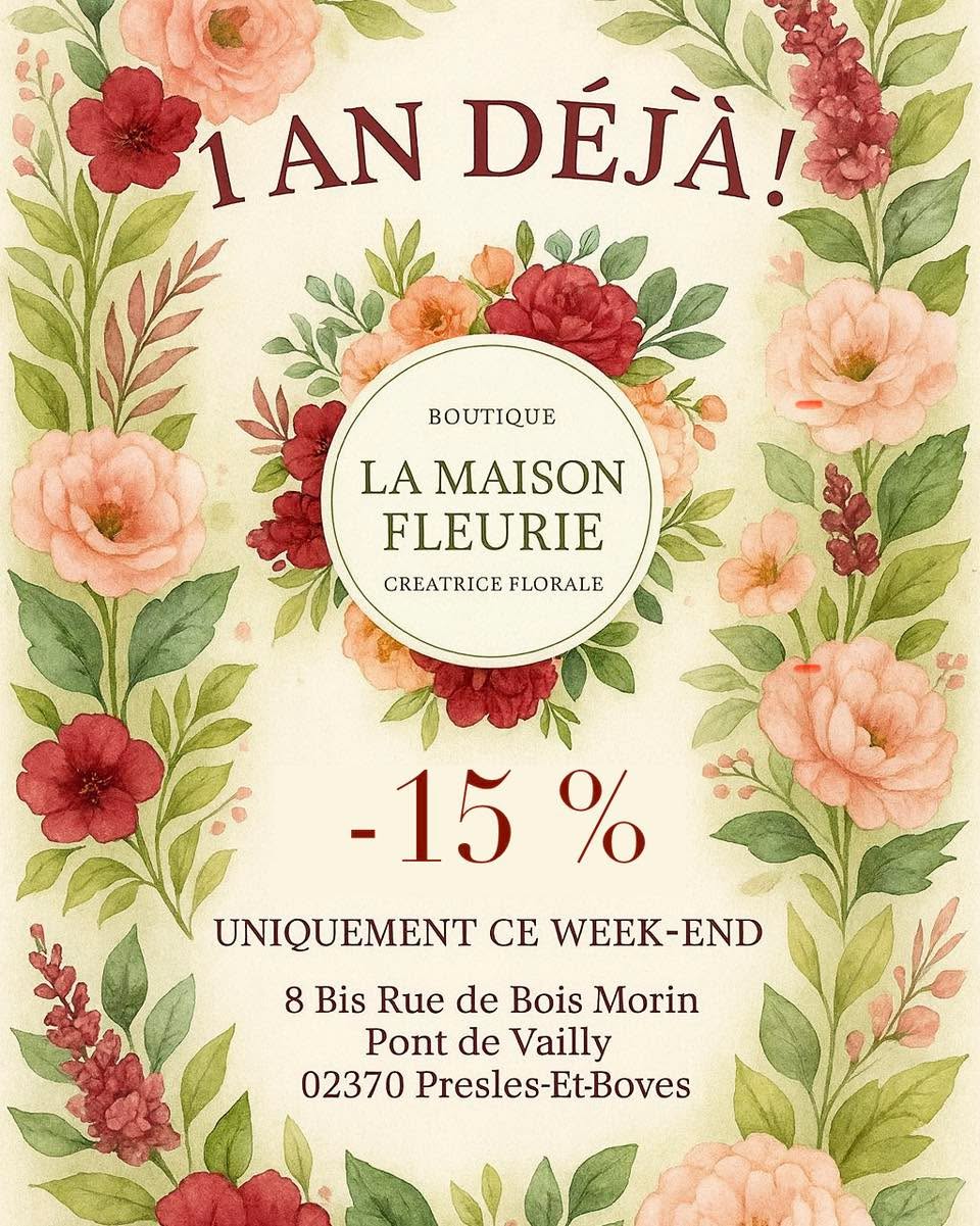 ✨ La Maison Fleurie souffle sa première bougie ! ✨
Hier, j’ai fêté mes un an d’entreprise… et je prends enfin le temps de vous écrire. Une année si intense, si riche, que je n’ai même pas vu le temps passer.
Quand j’ai ouvert La Maison Fleurie, le 4 décembre 2024, je ne savais pas encore à quel point cette aventure allait transformer ma vie. J’ai vécu douze mois remplis de créations, de défis, de moments tendres, de joie, d’émotions fortes et aussi de beaucoup de gratitude.
Chaque bouquet que je compose, chaque décor que j’imagine, chaque mariage que j’accompagne… tout cela n’a de sens que grâce à vous.
Alors merci.
Merci à toutes les mariées qui m’ont accordé leur confiance pour mettre des fleurs sur l’un des plus beaux jours de leur vie. C’est un honneur à chaque fois, et je le mesure vraiment.
Merci à tous mes clients, réguliers ou de passage, qui franchissent la porte avec bienveillance, patience et gentillesse. Vos mots, vos sourires et vos encouragements m’ont portée toute l’année.
Merci aussi à ceux qui suivent mon travail d’un peu plus loin, ici ou ailleurs : vous comptez tout autant.
Pour vous remercier de tout cœur, ce week-end je vous offre –15% sur tout achat en magasin.
C’est ma petite façon de vous dire combien je suis reconnaissante d’être si bien entourée dans cette aventure.
(La remise n’est pas applicable sur les sapins et les bougies)
Belle journée à tous,
et encore merci pour cette première année inoubliable 🌸💙😊