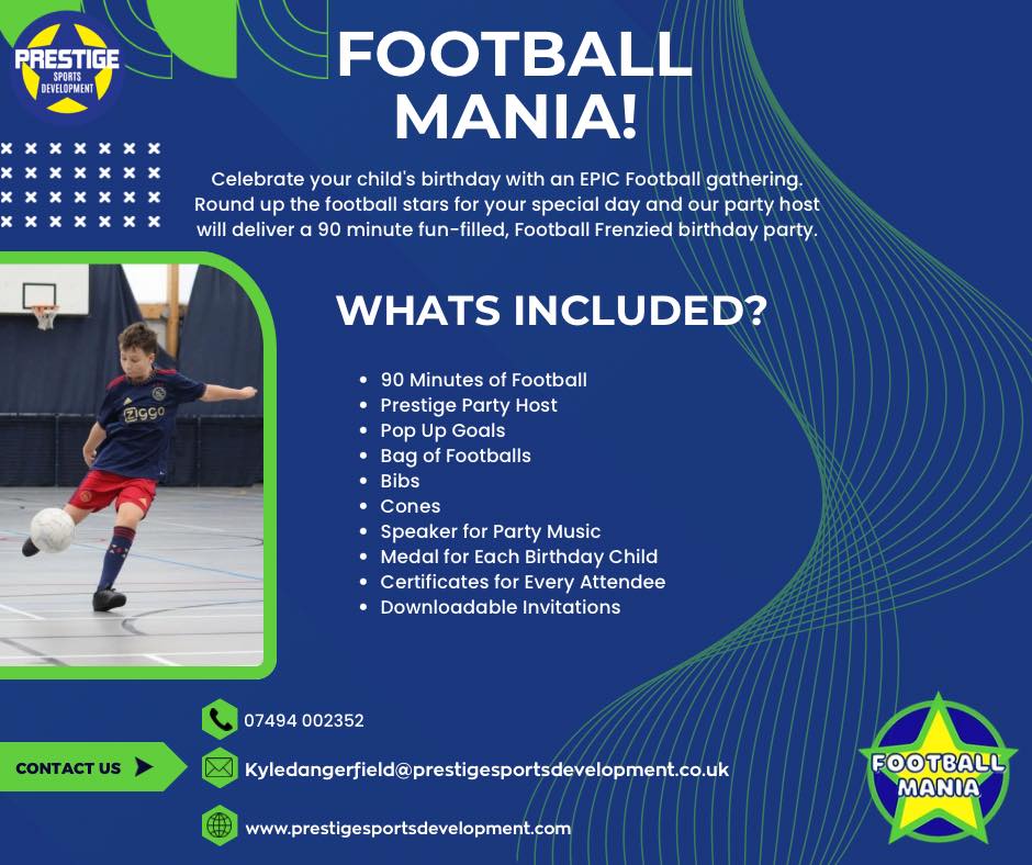 โฝ Give your child the ultimate football birthday experience!
Our Football Mania Party delivers 90 minutes of fast-paced fun, games, goals and excitement โ all led by a dedicated Prestige party host.
From pop-up goals to certificates and medals, weโve got everything covered so you can relax while the kids have a blast! ๐
Check out all the information you need to know below! โฌ๏ธ