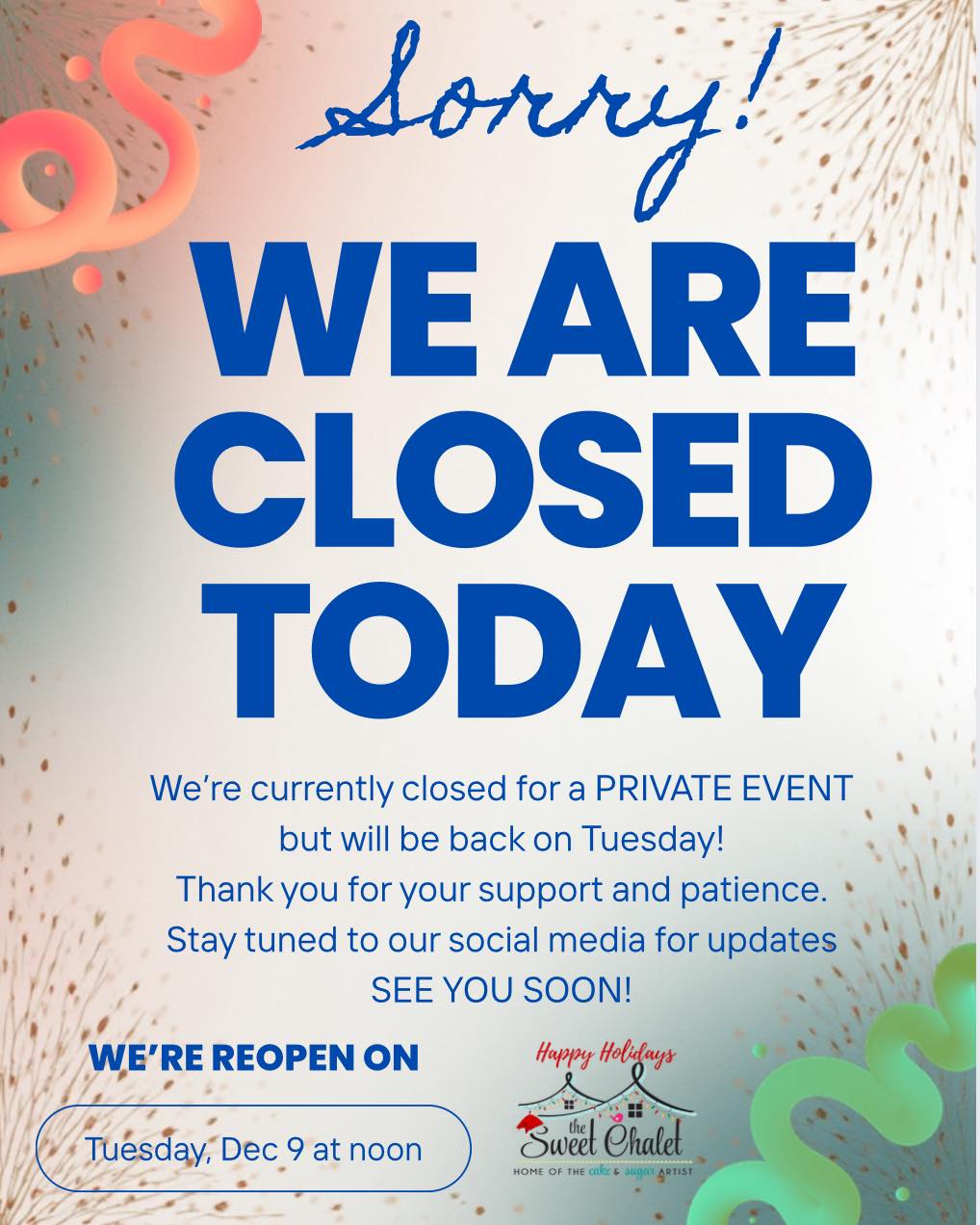 Take note: our showroom in Sanford will be closed today for a private event! We will see you back on Tuesday Dec 9 at noon with more delicious cookies, new desserts, pastries dnd coffee! Shop online now! Enjoy your weekend! Xo🏠 #thesweetchaletshoppe #thesweetchaletshoppe #chocolatechameleons #sweetcolorlab #thesweetchalet #orlando #florida #sanford #shop #online #shoponline #shoponline🛍 #shoponlinenow