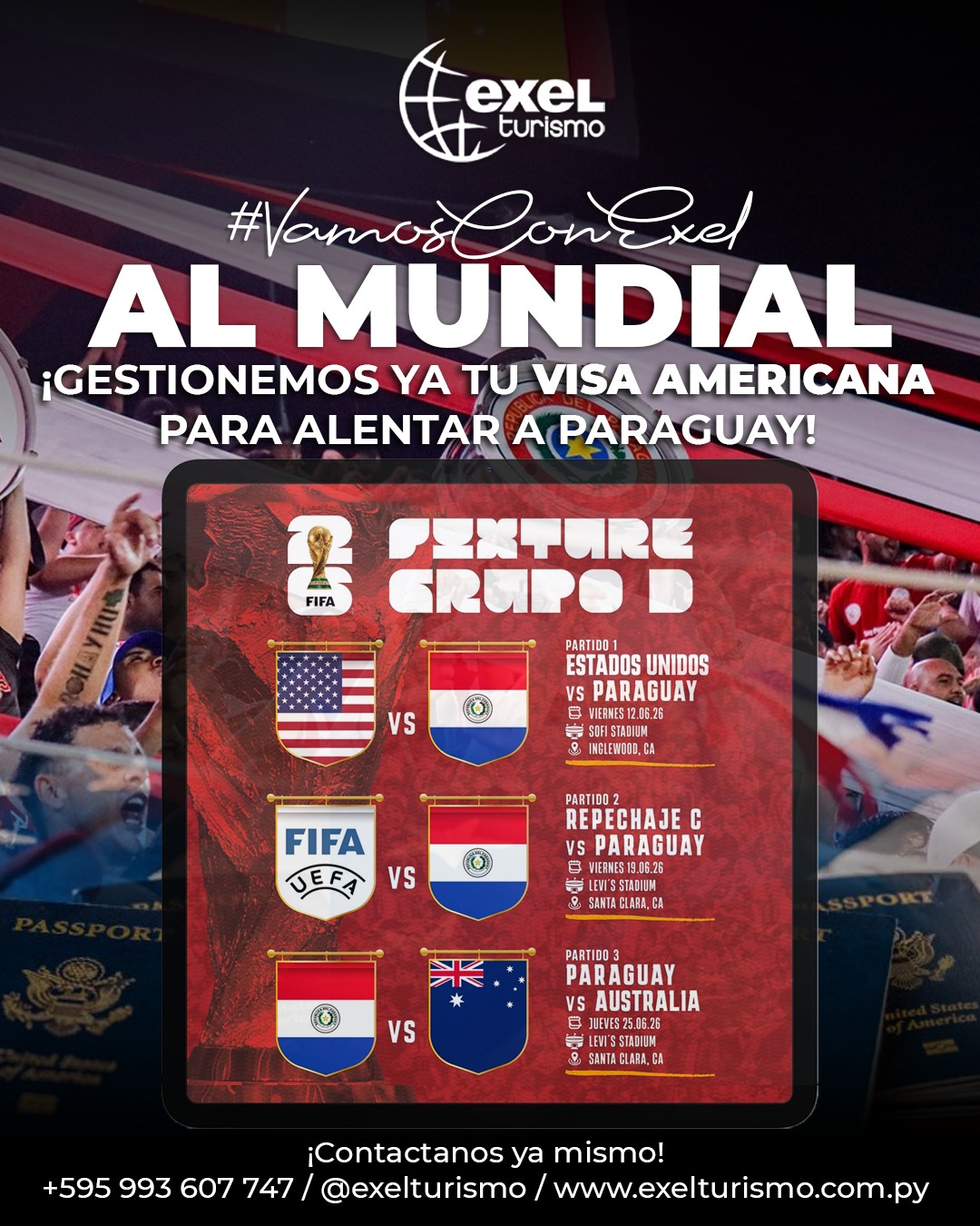 ¿Preparados para alentar a la #Albirro en el Mundial? 🇵🇾
¡Gestionemos ya tu VISA! Contáctanos al 0993 607 747📲
#TuVisaLista #Exel #ExelTurismo #VIsa #EEUU #Mundial #Paraguay ✈️