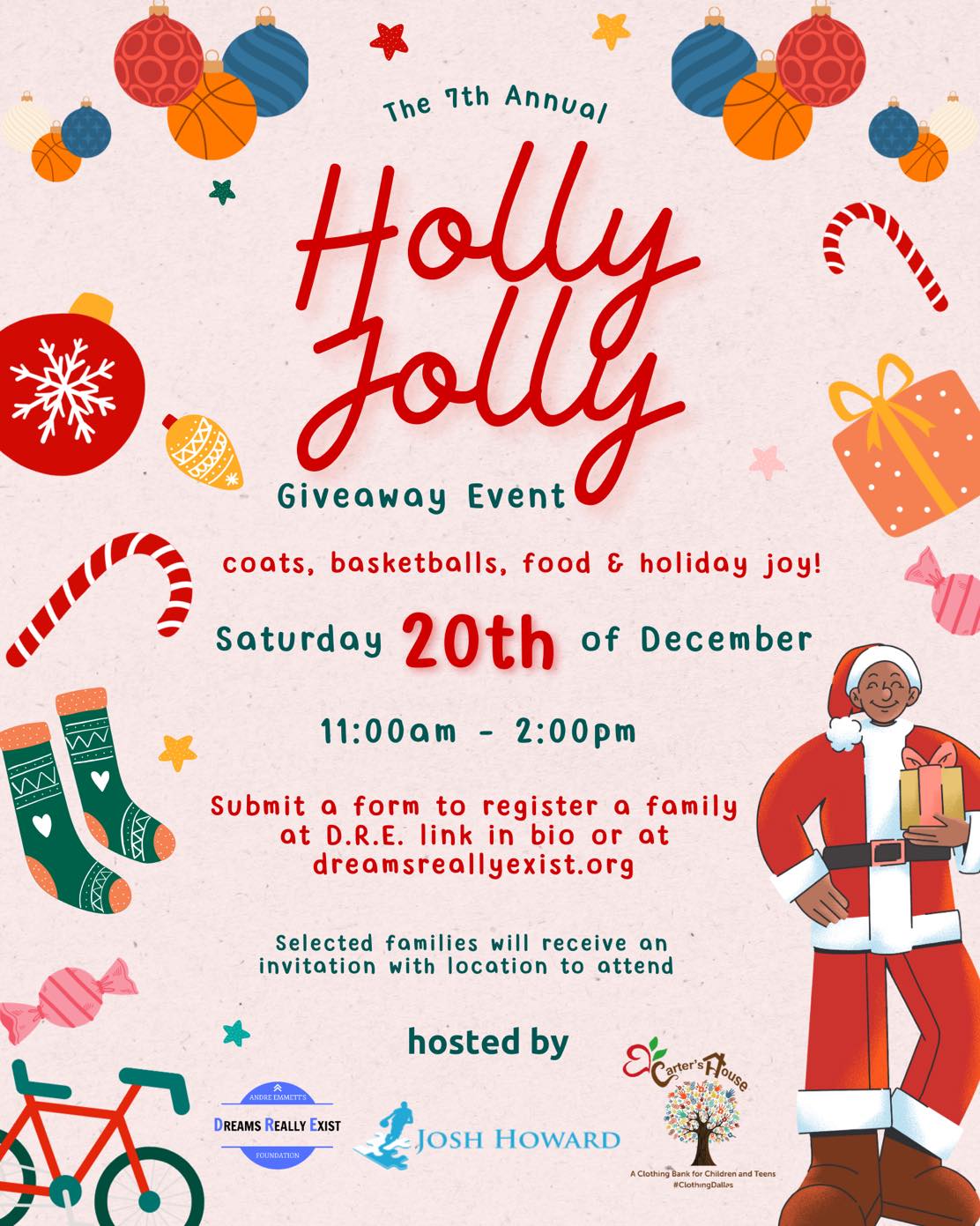 The Holly Jolly Giveaway is back for its 7th year! 🎁✨
We’re blessing families with coats, basketballs, food & holiday joy — but registration is REQUIRED.
Submit a family using the link in our bio! ❤️🎅
See you December 20th at Park South YMCA!
#HollyJollyGiveaway
#HolidayJoy
#SeasonOfGiving
#SpreadTheJoy
#HolidayCheer
#CommunityChristmas
#holidaygiveback