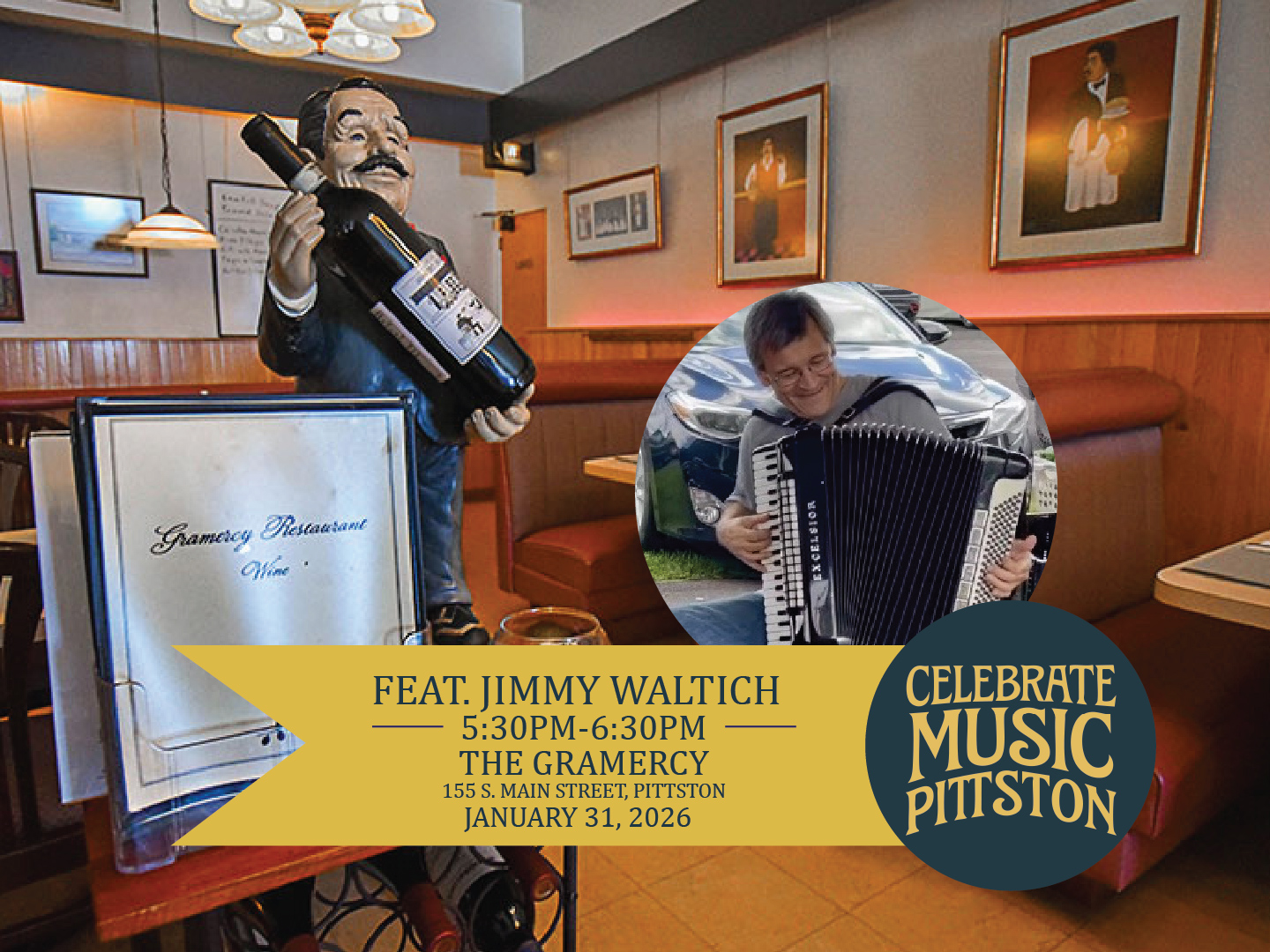 A Pittston classic in a classic venue – Jimmy Waltich accordion musician plays The Gramercy from 5:30–6:30 PM. Make it a night of music, martinis, and that magic sauce! Celebrate Music Pittston - Pittston's first ever day-long music festival happening January 31, 2026.
*Restaurant photo credit: Discover NEPA