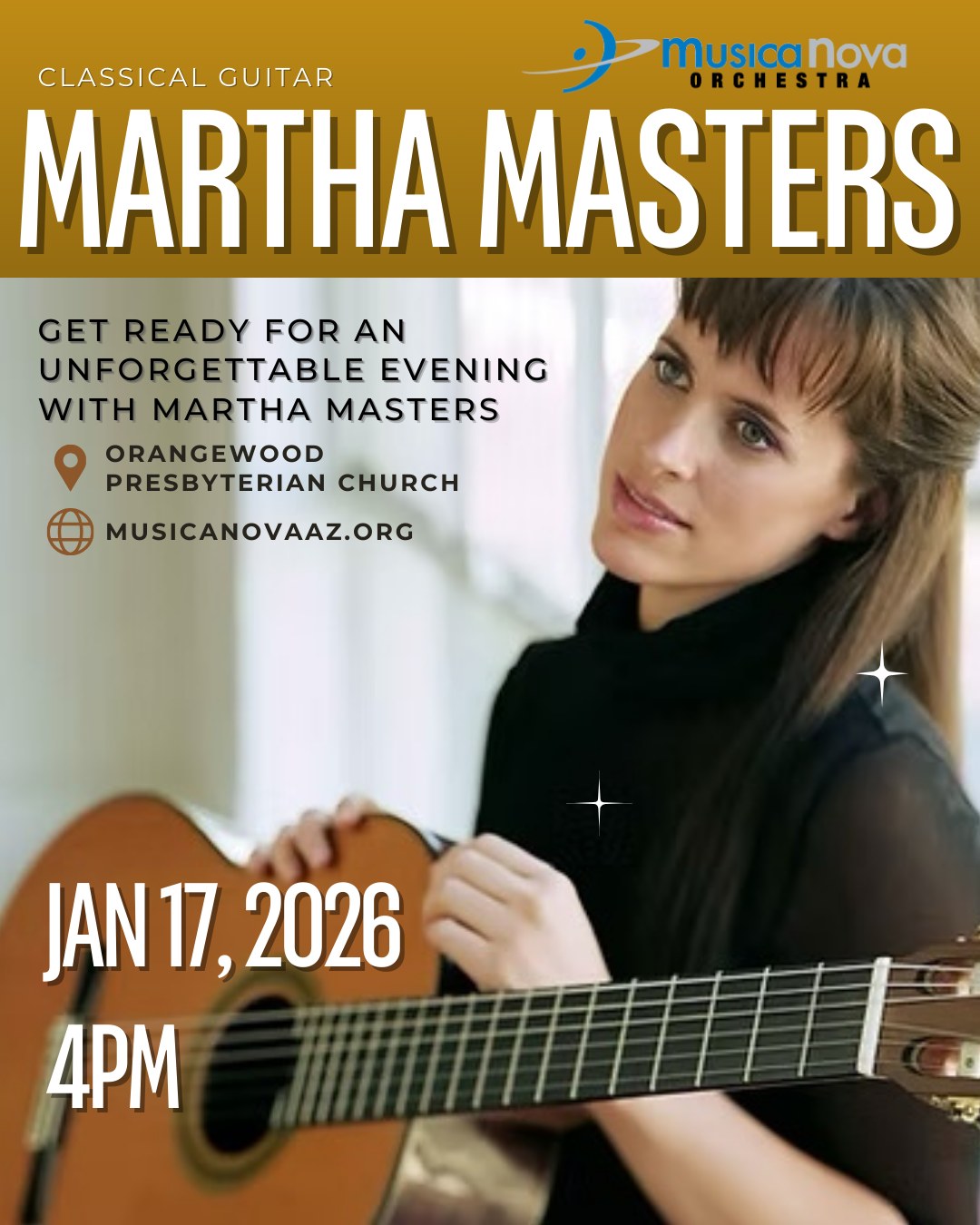 Join us January 17, 2026, at Orangewood Presbyterian Church for an unforgettable recital with Martha Masters, President of the Guitar Foundation of America and ASU faculty member.
Journey from Bach's baroque brilliance to Albéniz's Spanish passion and Jobim's Brazilian soul. This will be a stunning program spanning centuries of guitar repertoire. Don't miss this extraordinary performance!
Get your tickets at musicanovaaz.org 🎟️
#PhoenixArts #ClassicalMusic #ConcertSeason2025 #MusicaNovaOrchestra #LiveMusic #phoenix #greaterphoenix #classicalguitar #guitar #guitarist