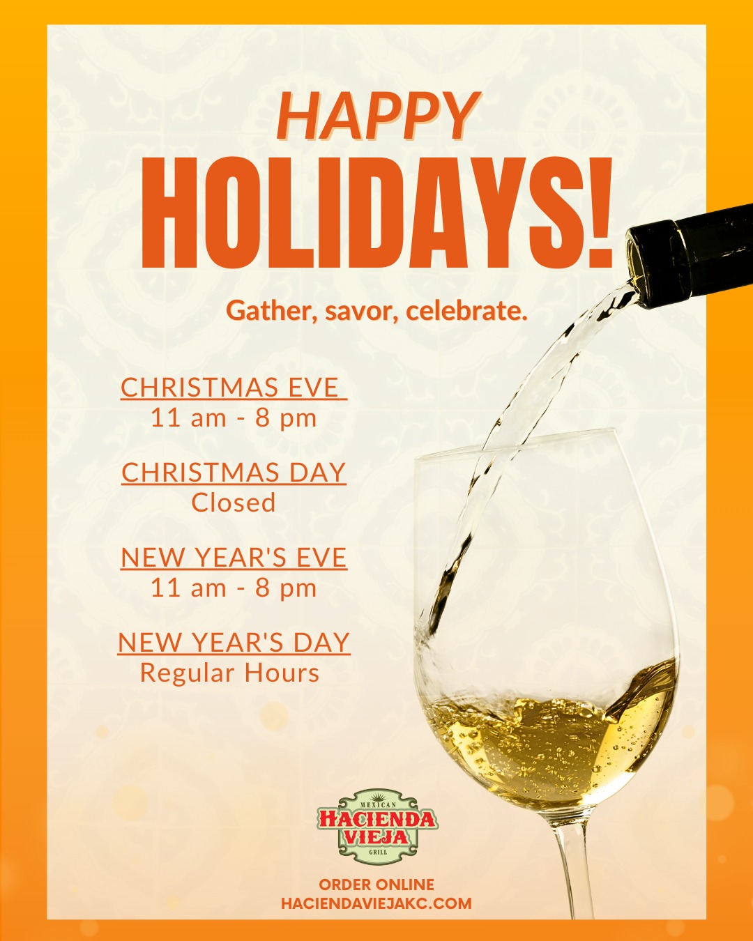 HAPPY HOLIDAYS! 🥳
We appreciate your support and hope you can enjoy the warmth of your family and friends during the Holiday season. #haciendaviejakc