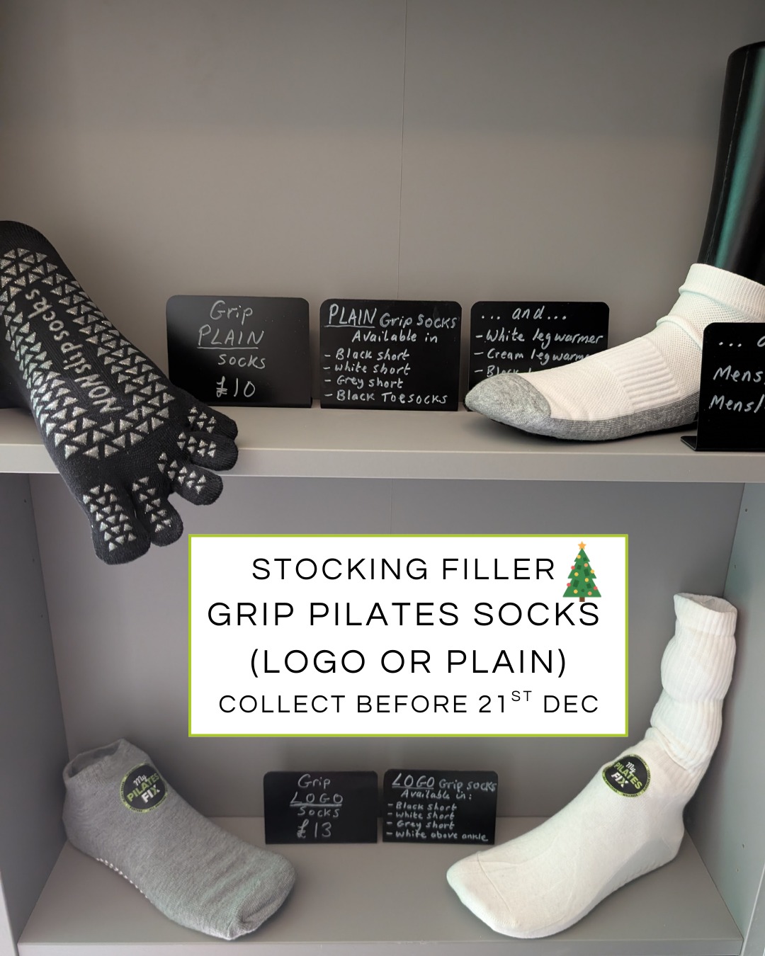 Just a little stocking filler…
Branded or Plain Grip Socks for your Pilates fanatic. Black, White or Grey, lots of styles to choose from.
LOGO grip socks £13
PLAIN grip socks £10
Purchase online and arrange to collect from Studio before 21st December.
#upminster #pilatesreformerclasses #pilateschristmas #pilatessocks #gripsocks