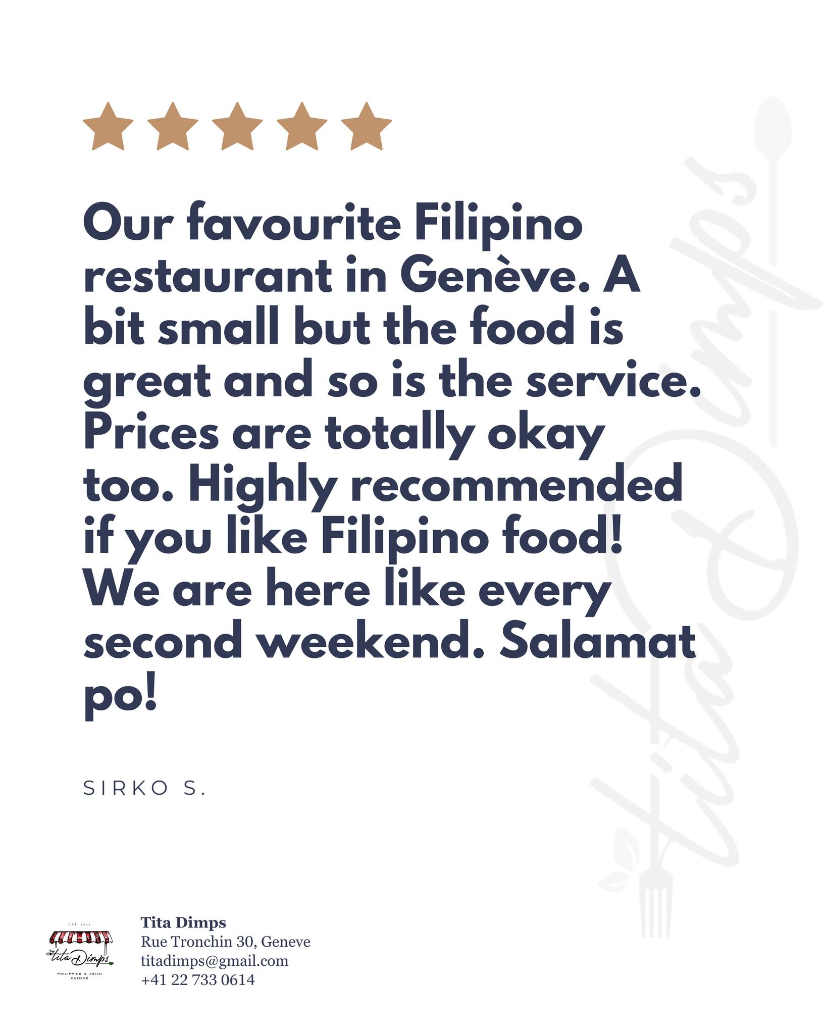 A few kind words go a long way ❤️
Share your Tita Dimps moment on Google!
#geneva #filipinofood #switzerland #FilipinoRestaurant