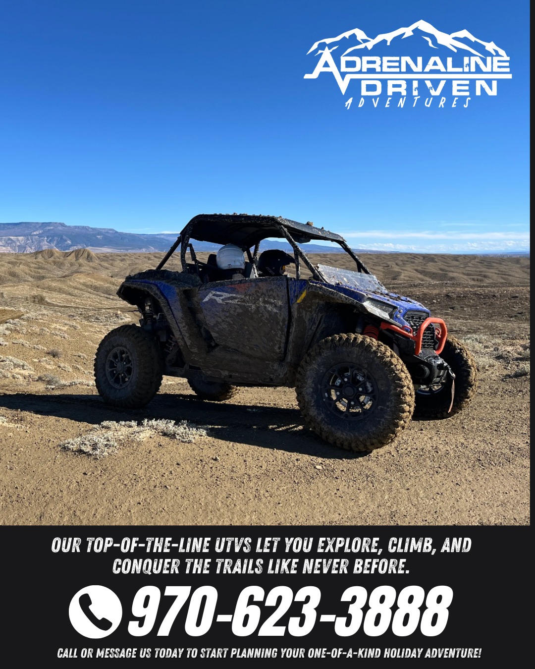 With Adrenaline Driven Adventures, every ride becomes an unforgettable journey. Our top-of-the-line UTVs let you explore, climb, and conquer the trails like never before.
Whether you're chasing adrenaline, stunning views, or a one-of-a-kind outdoor adventure we’ve got the perfect machine waiting for you.
🔥 Book your UTV adventure today and feel the thrill!
#AdrenalineDrivenAdventures #UTVRentals #AdventureAwaits #OffRoadExperience #ColoradoAdventures