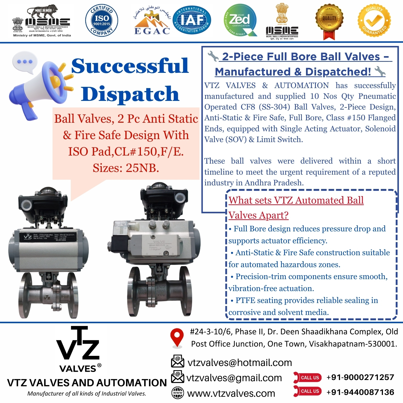Another successful dispatch from VTZ VALVES & AUTOMATION!
Pneumatic Operated 25NB, 2-Piece Full Bore Anti-Static & Fire Safe Ball Valves (CF8 / SS-304) manufactured with precision and delivered on time for the urgent requirement of a reputed industry in Andhra Pradesh.
Engineered for reliability, safety, and smooth automation performance.
🔧 Need customised Ball Valves or automated valve packages?
DM us or contact our team anytime.
#VTZValves #IndustrialValves #BallValves #ValveAutomation #PneumaticActuator #ProcessIndustry #OilAndGas #Pharmaceutical #ChemicalIndustry #PulpAndPaper #SugarIndustry #Refineries #EngineeringSolutions #MadeInIndia #ManufacturingIndia