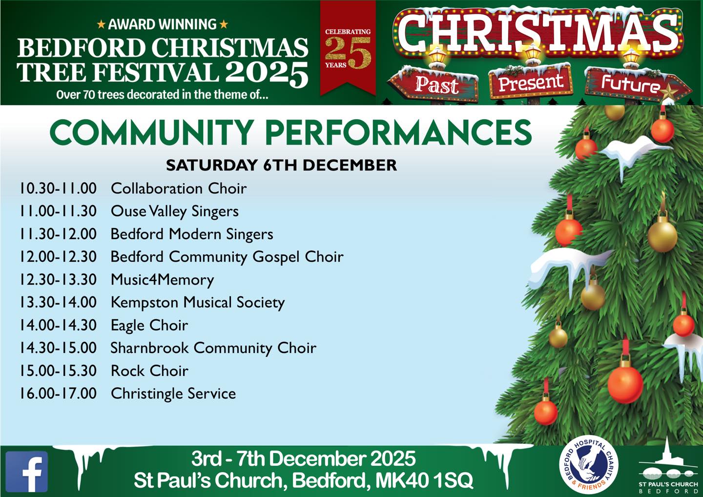 🎄The Bedford Christmas Tree Festival at St Paul’s Church Bedford is IN FULL SWING! The rain hasn’t dampened festivities and we are OPEN TODAY from 10am to 5pm!
🎄Saturday’s lineup for community performances in the slide.
🎄Café open!
🎄Raffle Prize tickets @ £1
🎄Vote for your favourite adult and child trees decorated on the theme of Christmas Past, Present and Future
🎄Entrance £4, children under 16 free!
🎄DON’T FORGET - Undecorated trees go on sale Monday! 4-5ft un-netted. £15
All welcome! 🎄🎄🎄