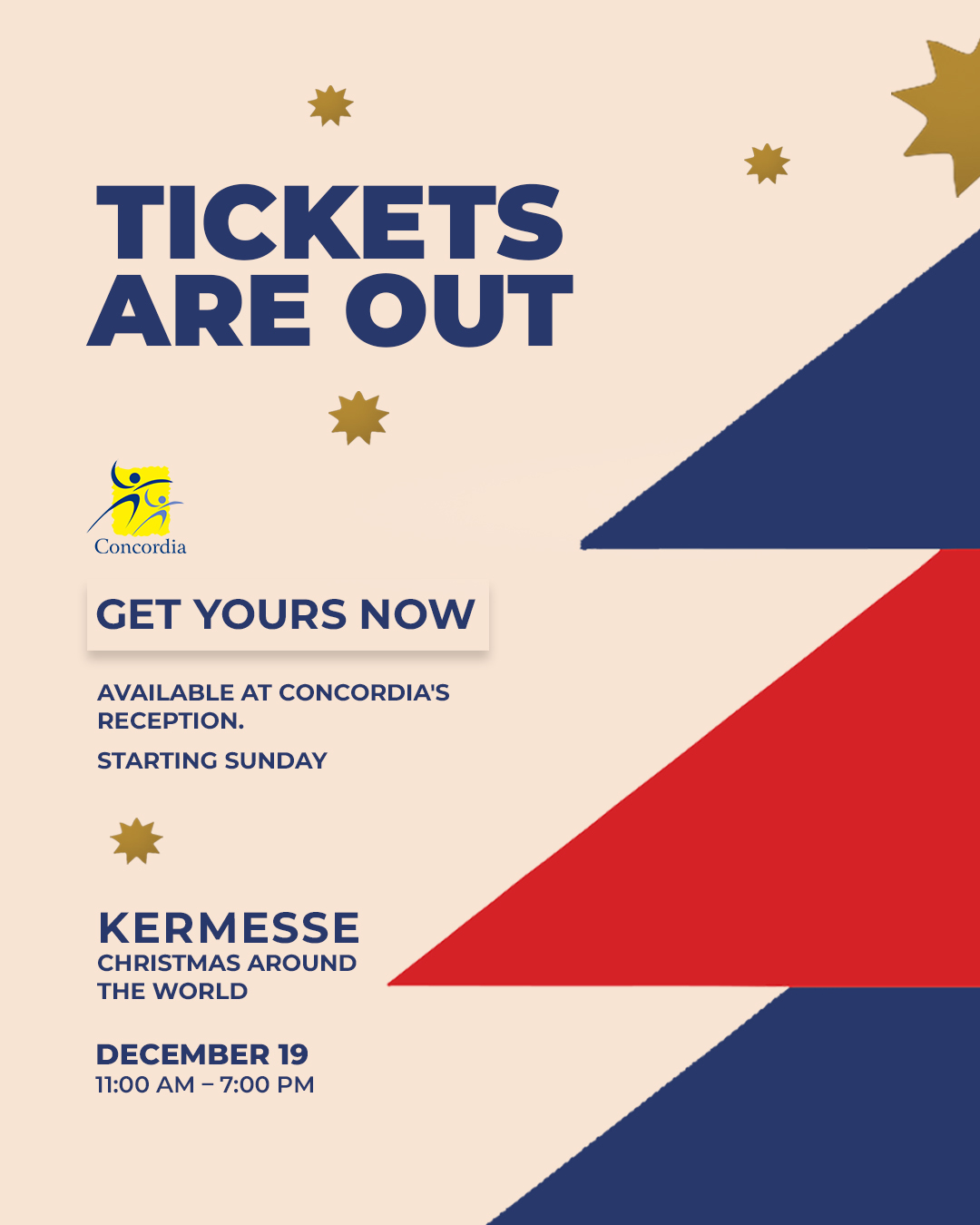 Les billets sont enfin là !
La Kermesse “Christmas Around the World” vous attend
Rendez-vous à la réception du lycée pour obtenir les vôtres.
Préparez-vous à vivre une journée remplie de magie, de festivités et de belles surprises
#TicketsAreOut #KermesseDeNoël #ChristmasAtConcordia #HolidaySpirit #ConcordiaLife