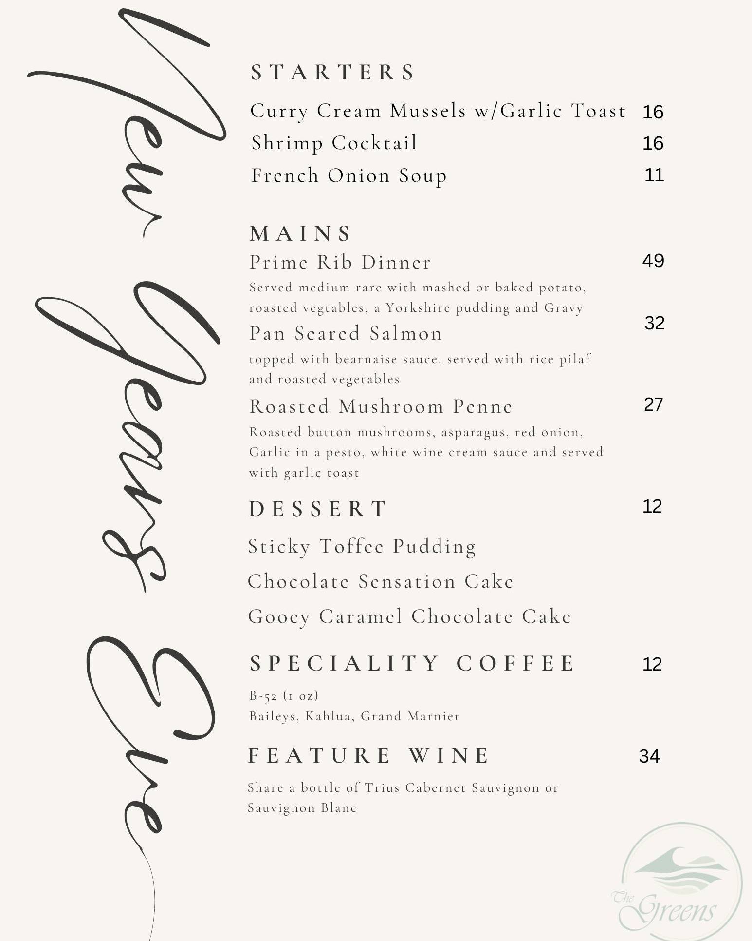 New Year's Eve is almost here! โจ๐
Join us at The Greens Bistro for our exclusive featured menu available from 5 - 7pm. ๐๐๐ฌ๐๐ซ๐ฏ๐๐ญ๐ข๐จ๐ง๐ฌ ๐๐ซ๐ ๐ซ๐๐ช๐ฎ๐ข๐ซ๐๐ and spots always fill fast - don't wait to book!
Call 519-426-3308 ext.2 to secure your table today!