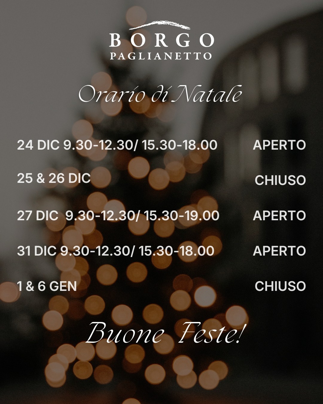 Avete bisogno di rifornire la vostra cantina? Saremo lieti di accogliervi.
Di seguito i nostri orari dedicati:
📅 Vigilia 24
🕘 9:00–12:30 / 15:30–18:00
📅 Sabato 27
⏰ 9:00–12:30 / 15:30–19:00
📅 Domenica
❌ Chiuso
📅 Lunedì 29 & Martedì 30
🕤 9:30–12:30 / 15:30–19:00
📅 Mercoledì 31
🕕 Aperto fino alle 18:00
🎉 Chiusura prevista solo per il 1 e il 6 gennaio
Per tutte le altre giornate ➜ orario regolare
📞 Per informazioni e prenotazioni: 346 725 0920
Borgo Paglianetto is delighted to accompany you throughout the holiday season
✨🍷
Need to replenish your wine selection? We will be pleased to welcome you.
Here are our special opening hours:
📅 Christmas Eve
🕘 9:00–12:30 / 15:30–18:00
📅 Saturday 27th
⏰ 9:00–12:30 / 15:30–19:00
📅 Sunday
❌ Closed
📅 Monday 29th & Tuesday 30th
🕤 9:30–12:30 / 15:30–19:00
📅 Wednesday 31st
🕕 Open until 18:00
🎉 Closed only on January 1st and 6th
On all other days ➜ regular opening hours
📞 Info & reservations: +39 346 725 0920