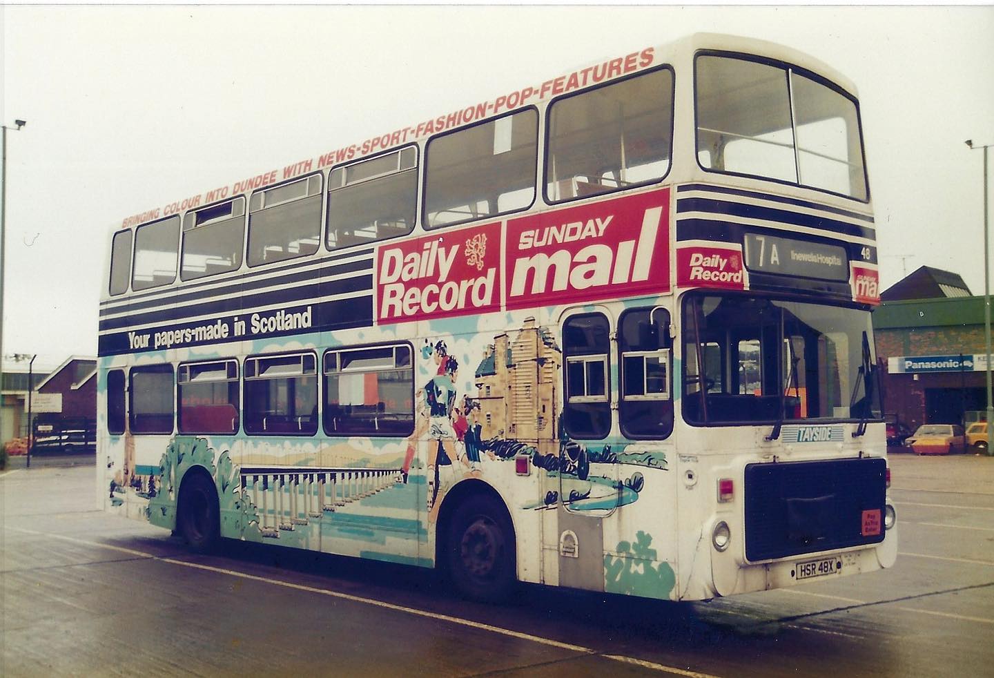 🚌✨ Here we have a Tayside Regional Council Volvo Ailsa (HSR48X), Fleet Number 48, wrapped in a bold full-body advert for the Daily Record.
New in 1981 and withdrawn in 1999, it represents the era when eye-catching commercial adverts became common on Dundee’s buses.
Captured offside at East Dock Street depot, it displays Route 7A to Ninewells Hospital – a route still very familiar to Dundonians today.
The museum remains closed until February, but we’ll continue showcasing unseen gems from our collection all winter long.