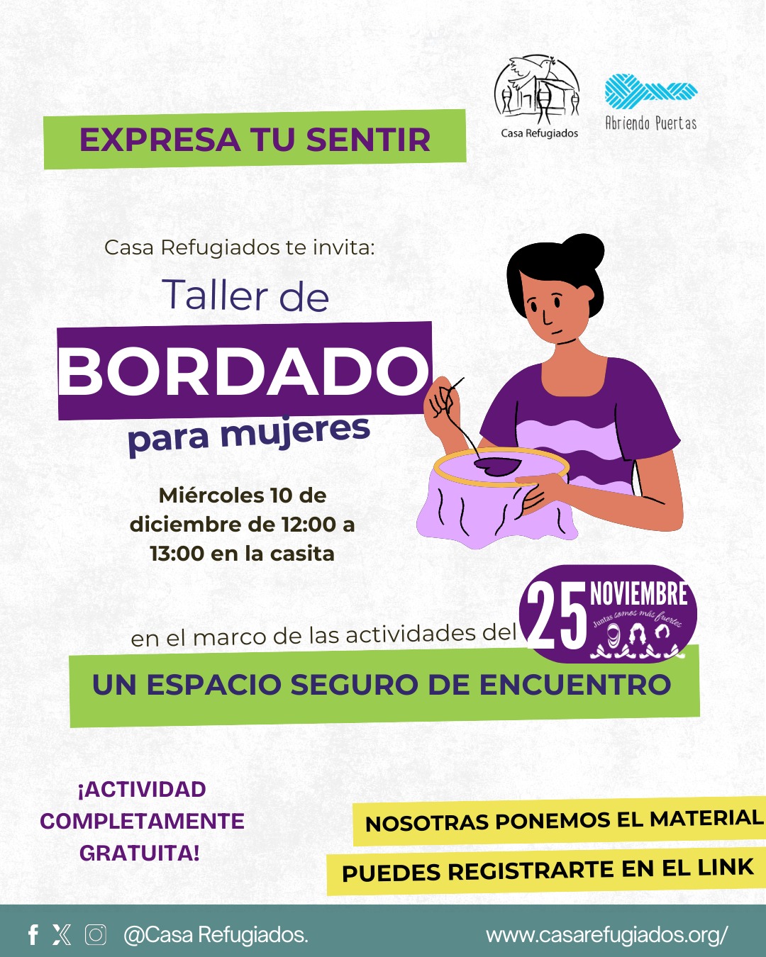 ✨ Cerramos nuestro ciclo de actividades del 25N ✨
Este 10 de diciembre tendremos un espacio pensado solo para nosotras, para reconectar, respirar y cerrar el año desde el cuidado colectivo.
🧘♀️ Yoga
⏰ 10:00 a 11:00 am
📍 La Casita
🪡 Bordado colectivo
⏰ 12:00 a 1:00 pm
📍 La Casita
Para participar es necesario registrarse previamente pide el link vía DM!
Un encuentro para agradecer, soltar tensiones y acompañarnos entre compañeras.
Nos vemos ahí 🧡