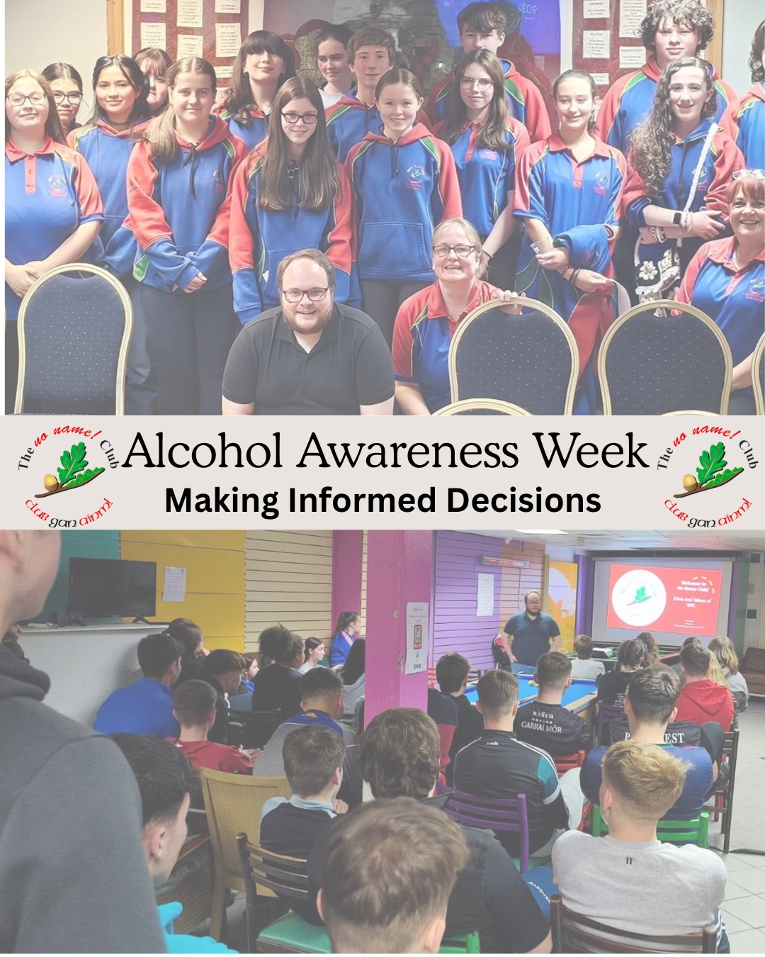 This week, as part of Alcohol Awareness Week, we visited Claremorris and Hollywood as part of our Alcohol Awareness sessions.
These sessions are an important part of helping young people build confidence, make positive choices, and understand how to keep themselves and their friends safe. 💚
A big thank-you to both clubs for their honesty, and engagement throughout the week.
#NoNameClub #AlcoholAwarenessWeek #PositiveChoices #YouthEmpowerment #SafeSocialSpaces
@irishhealthservice @education_ire
