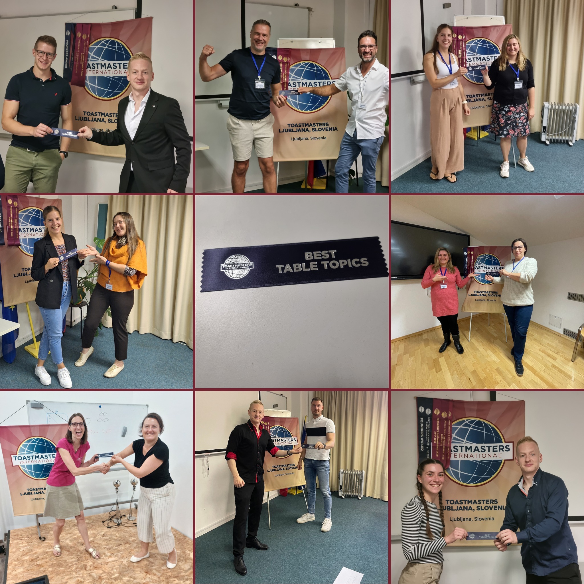 🎤 Kdo bo danes zablestel v Temah omizja? 🌟
Na naših srečanjih Toastmasters so Teme omizja vedno eden najbolj živahnih in nepredvidljivih delov večera. Gre za kratke govore, dolge le 1–2 minuti, pri katerih nastopajoči govorijo na dano temo ali odgovorijo na vprašanje, ki jim ga zastavi vodja tem omizja.
💬 Sodeluje lahko vsak – tudi gostje! Prav v tem je čar: nikoli ne vemo, kdo bo stopil iz občinstva, se podal na oder in nas presenetil z zabavno anekdoto, nenavadno idejo ali domiselnim odgovorom. In vprašanja? Včasih lahka, včasih pa tudi pravi izziv! 😉
🏆 Na koncu poslušalci glasujemo in izberemo tistega, ki se je najbolj izkazal – a na nek način je zmagovalec že vsak, ki zbere pogum in stopi pred občinstvo.
📸 Danes objavljamo kolaž naših zmagovalcev tem omizja – iskrene čestitke vsem!
📍 Vabljeni danes ob 18:45
v prostore Gozdarski inštitut Slovenije, Večna pot 2, Ljubljana.
Pridružite se nam in doživite Toastmasters energijo v živo! 🎉