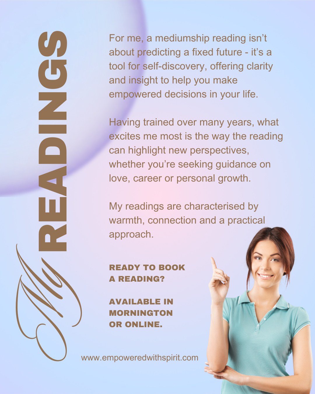 Mediumship Readings with Michele Ling, in person at Mornington or online.
A mediumship reading is an opportunity for a deeper understanding and insight into your life. Whether you're seeking clarity, comfort or a renewed sense of purpose, this experience offers a gentle space to explore your life’s journey with fresh eyes and an open heart.
✨ Gain insight into personal experiences
✨ Discover clarity and direction
✨ Deepen your sense of love, purpose and find a peace within
For many, a reading brings solace and closure—especially for those navigating grief or longing to reconnect with loved ones in spirit. It can illuminate the path ahead, helping you move forward with greater awareness and emotional freedom.
Having trained extensively over many years in the practice of spiritual connection and human development, Michele creates a space where compassion leads the way - inviting healing, clarity & peace.
Available in person, online or by phone. Learn more at empoweredwithspirit.com
Let your spirit be heard. Let your heart be held.
.
#mediumship #mediumshipreadings #mornington