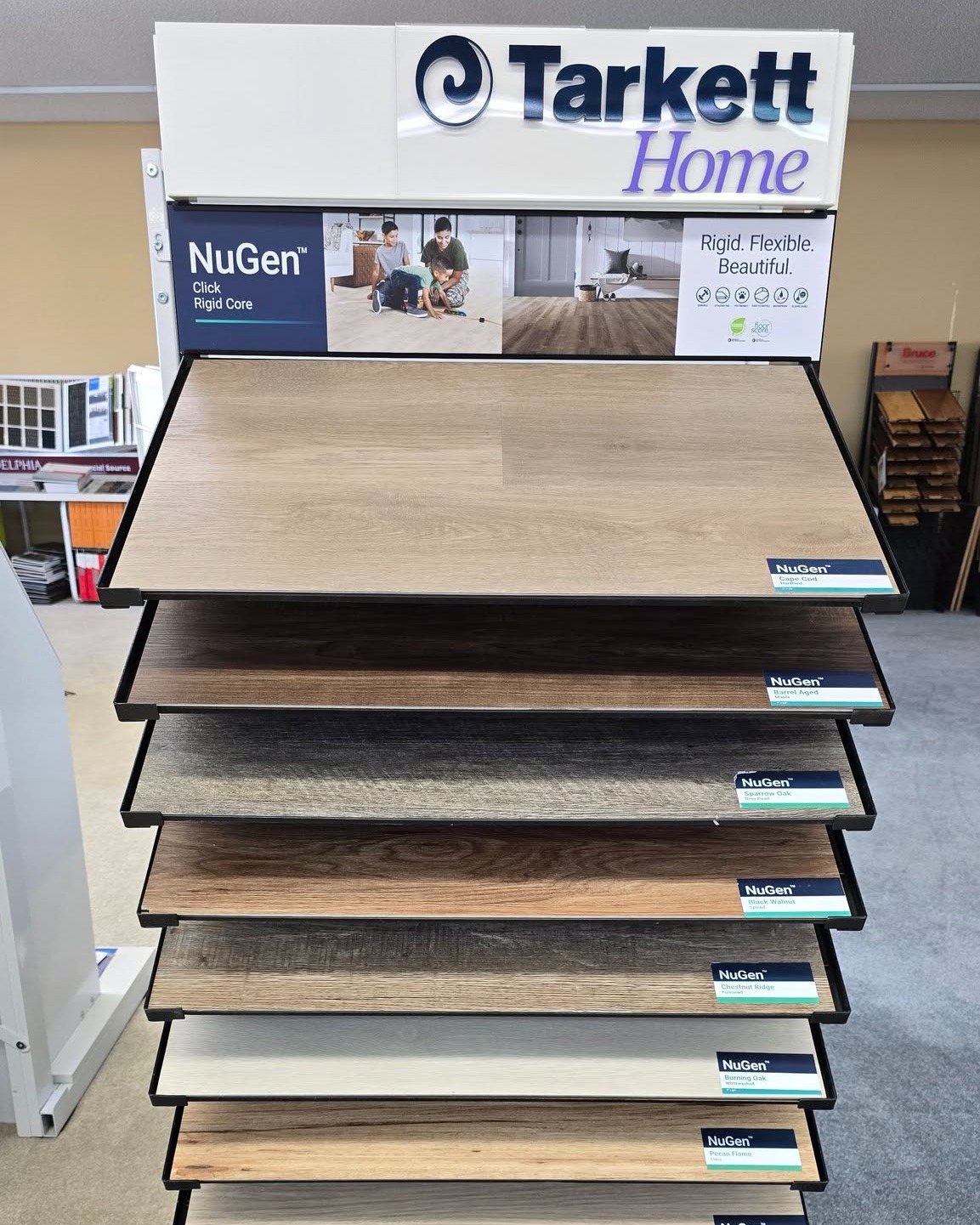 Tarkett NuGen Flooring
Tarkett NuGen flooring brings modern style, easy installation, and long-lasting performance into one smart solution. Its realistic textures and durable construction make it ideal for any room in your home. Stop by House of Decor to compare colors, feel the quality, and get help choosing the best NuGen option for your space.