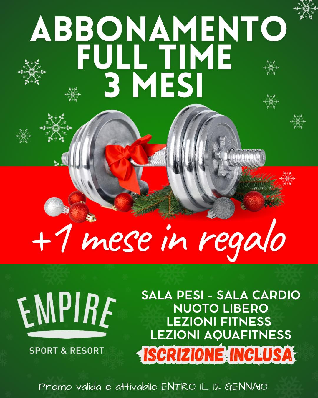 🎁 REGALATI UN MESE DI SPORT! 🎄
Solo per questo periodo natalizio, fino al 12 Gennaio:
Abbonamento Full Time 3 mesi + 1 MESE IN REGALO! 🎁 REGALATI IL FITNESS! 🎄
Solo per questo periodo natalizio:
Abbonamento Full Time 3 mesi + 1 MESE IN REGALO! 💥
Inclusi:
🏋️♂️ Sala pesi
🏃 Sala cardio
🏊 Nuoto libero
🔥 Lezioni fitness
💦 Aquafitness
✅ Iscrizione inclusa!
Una promo imperdibile per iniziare l’anno nel modo giusto… oppure per fare il regalo perfetto! 🎁✨
📅 Attivabile entro il 12 gennaio
📍 EMPIRE SPORT & RESORT
#EmpireSport #PromoFitness #Natale2025 #RegaliFit #AllenatiConNoi #fitnessmotivation
Inclusi:
🏋️♂️ Sala pesi
🏃 Sala cardio
🏊 Nuoto libero
🔥 Lezioni fitness
💦 Aquafitness
✅ Iscrizione inclusa!
Una promo imperdibile per iniziare l’anno nel modo giusto… oppure per fare il regalo perfetto! 🎁✨
📅 Attivabile entro il 12 gennaio
📍 EMPIRE SPORT & RESORT
#EmpireSport #PromoFitness #Natale2025 #RegaliFit #AllenatiConNoi #FitnessMotivation
