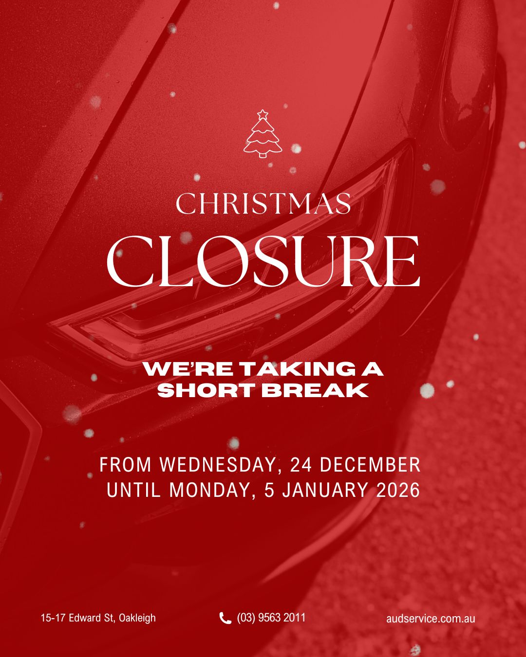 As the holiday season approaches, we would like to thank you for the continued support over 2025 and we wish everyone a 🎄 Merry Christmas and a Happy New Year.
During the festive period, we will be closed from Wednesday , 24 December and reopen on Monday, 5 January to recharge and prepare for an exciting 2026.
Should you have any vehicle troubles over the festive period, we will still be contactable via email.