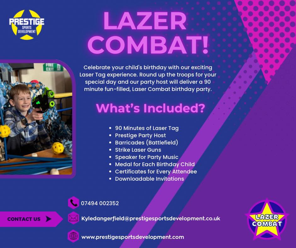 ๐ Looking for the ultimate birthday party experience?
Our Laser Combat Party brings 90 minutes of non-stop excitement with laser guns, barricades, music, medals and more! Your dedicated party host will make sure the day runs smoothly while the kids enjoy an unforgettable day of combat!
Check out all the information below! โฌ๏ธ
